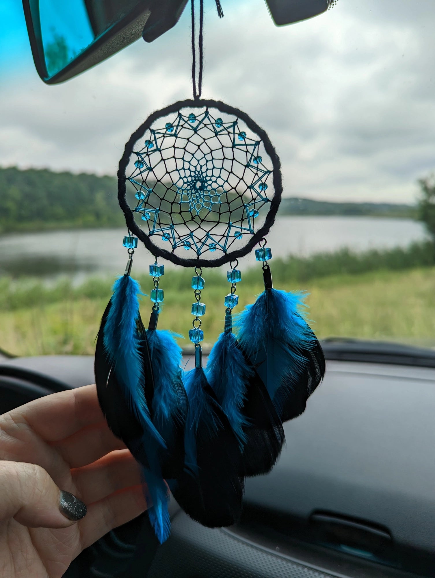 Handmade Lake Blue with Black Small Dream Catcher | Car Rearview Mirror Hanging Dreamcatcher Charm