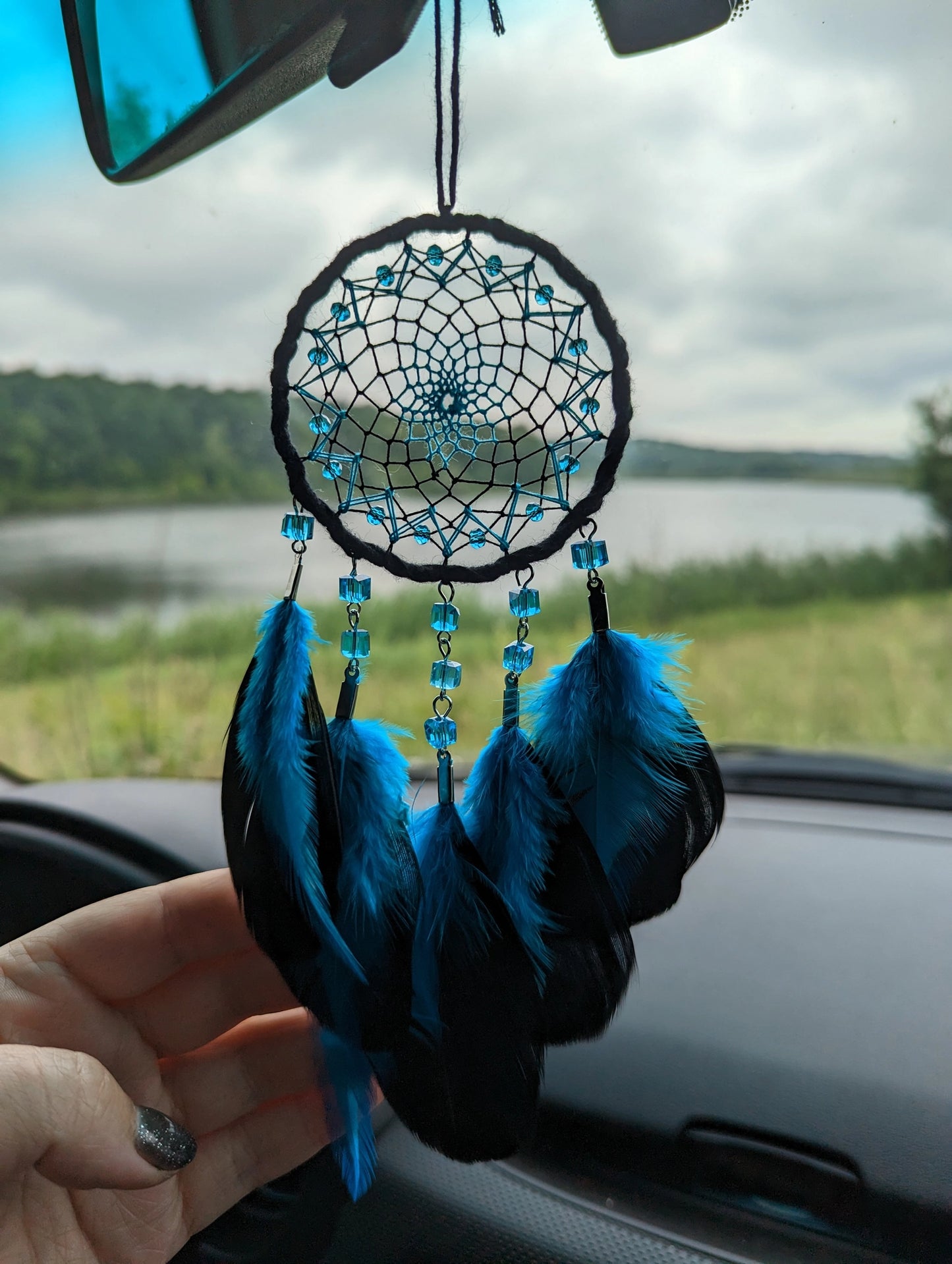 Handmade Lake Blue with Black Small Dream Catcher | Car Rearview Mirror Hanging Dreamcatcher Charm