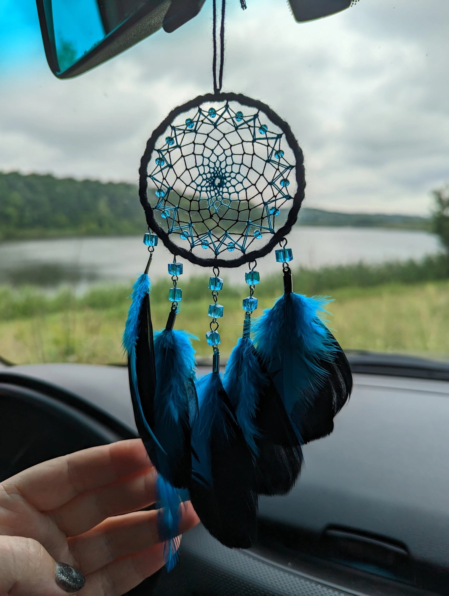 Handmade Lake Blue with Black Small Dream Catcher | Car Rearview Mirror Hanging Dreamcatcher Charm