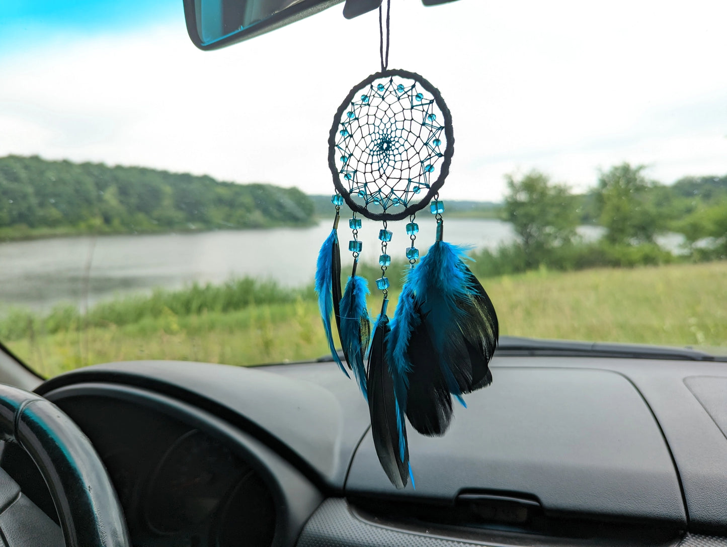 Handmade Lake Blue with Black Small Dream Catcher | Car Rearview Mirror Hanging Dreamcatcher Charm