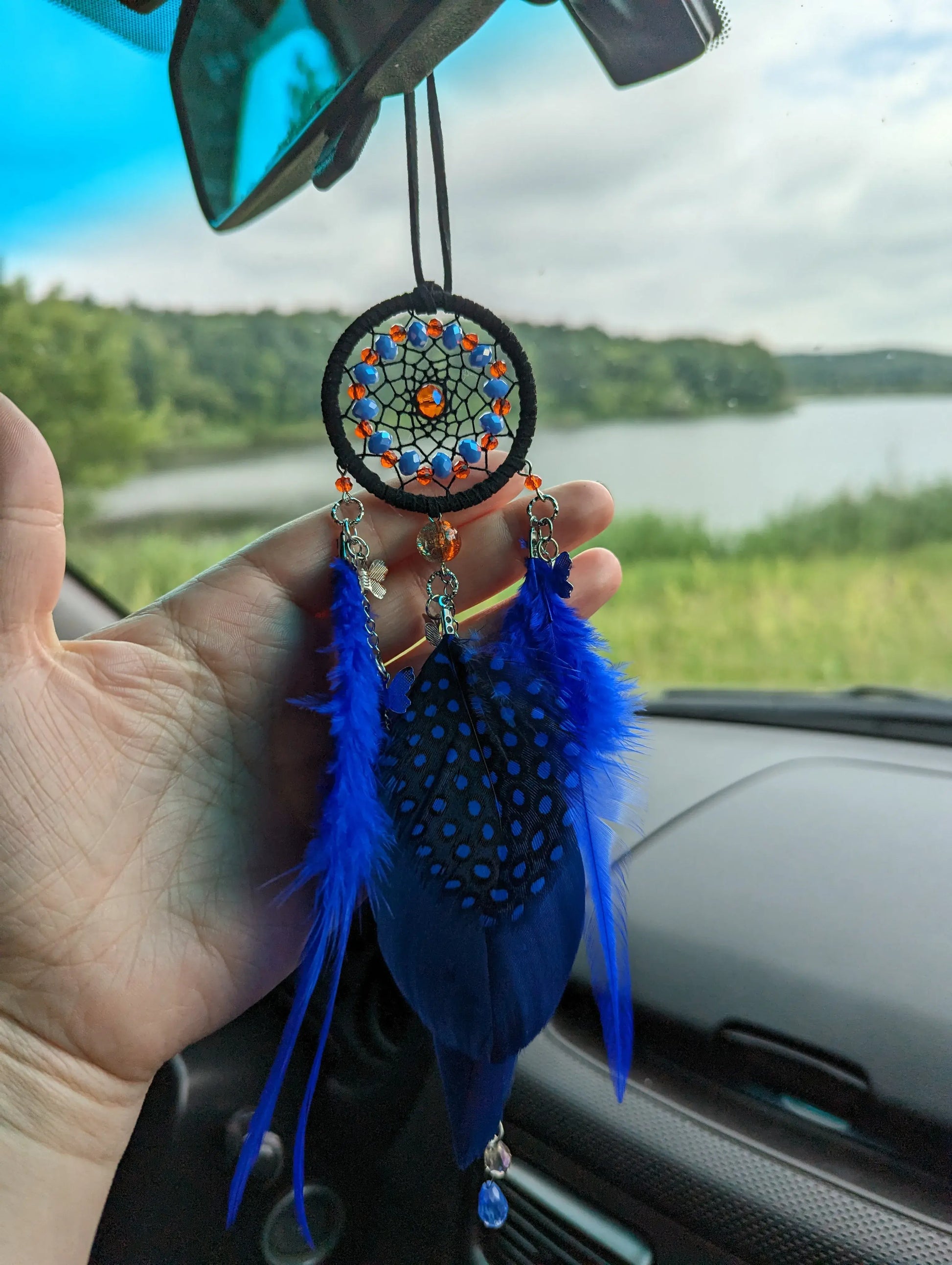 Blue Black Orange Dream Catcher with Butterfly Charms