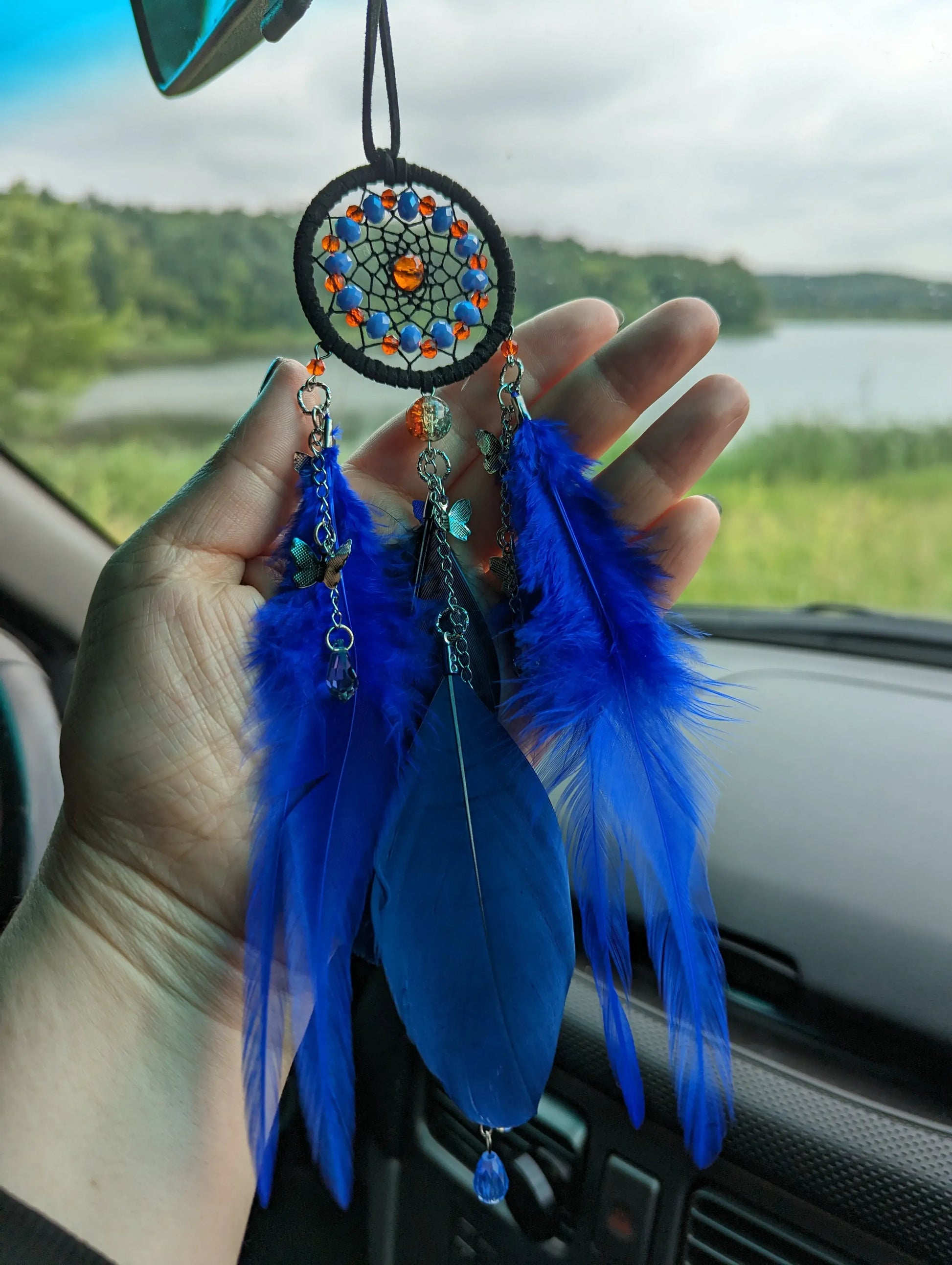 Blue Black Orange Dream Catcher with Butterfly Charms