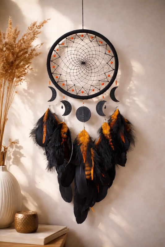 Handcrafted Bohemian Black Dream Catcher with Crescent Moon Charms and Orange Feathers