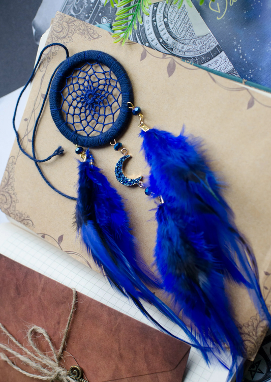 Blue Crescent Moon Dream Catcher - Car Rearview Mirror Charm