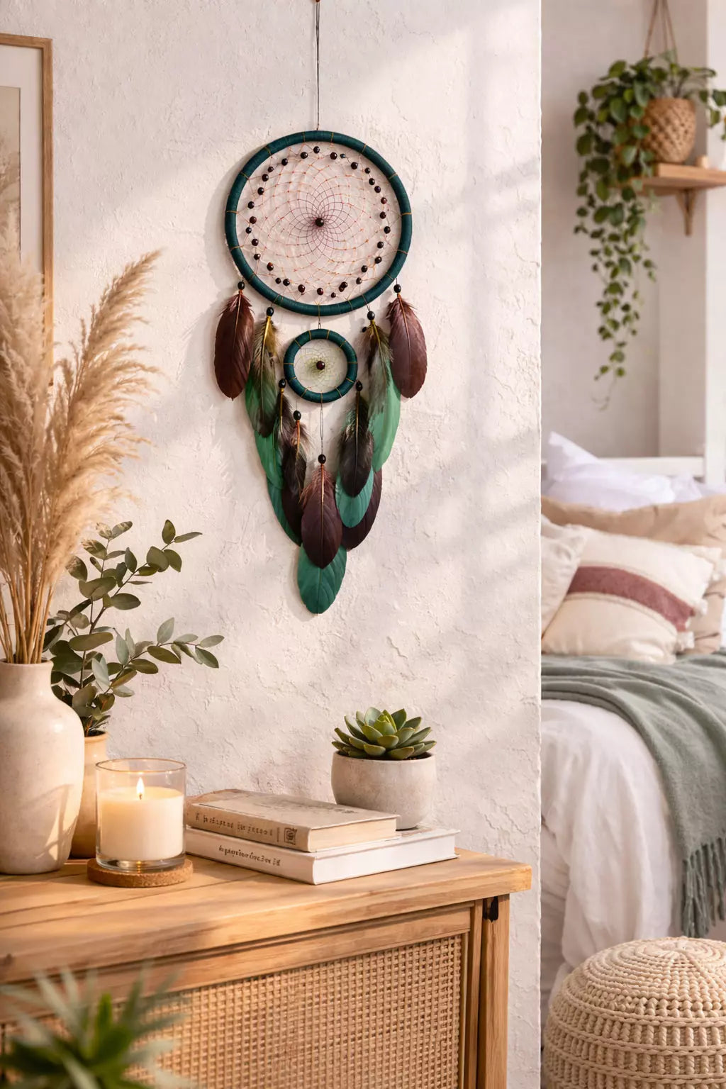 Handcrafted Boho Dream Catcher Wall Hanging with Natural Feathers