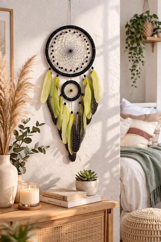 Handcrafted Boho Dream Catcher Wall Hanging with Natural Feathers