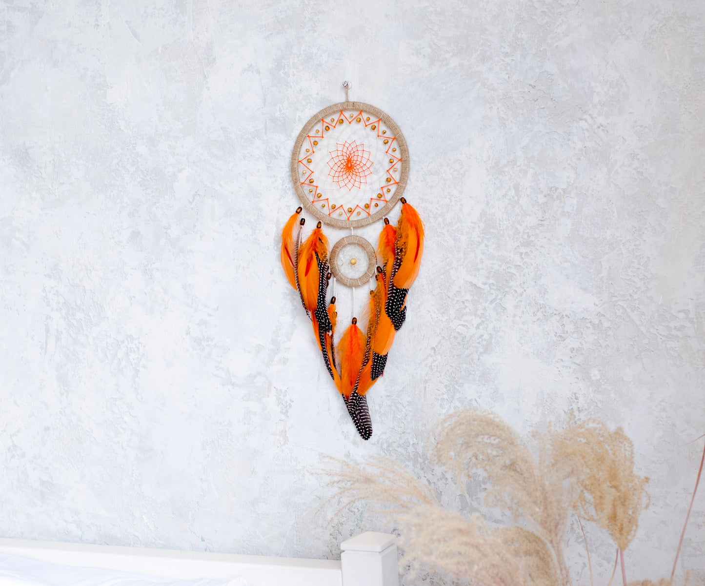 Handcrafted Beige and Orange Dreamcatcher with Natural Feathers