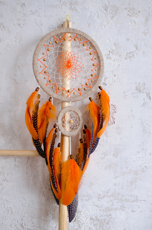 Handcrafted Beige and Orange Dreamcatcher with Natural Feathers