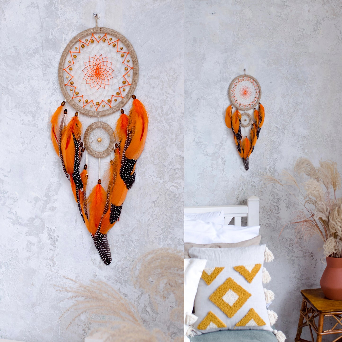 Handcrafted Beige and Orange Dreamcatcher with Natural Feathers