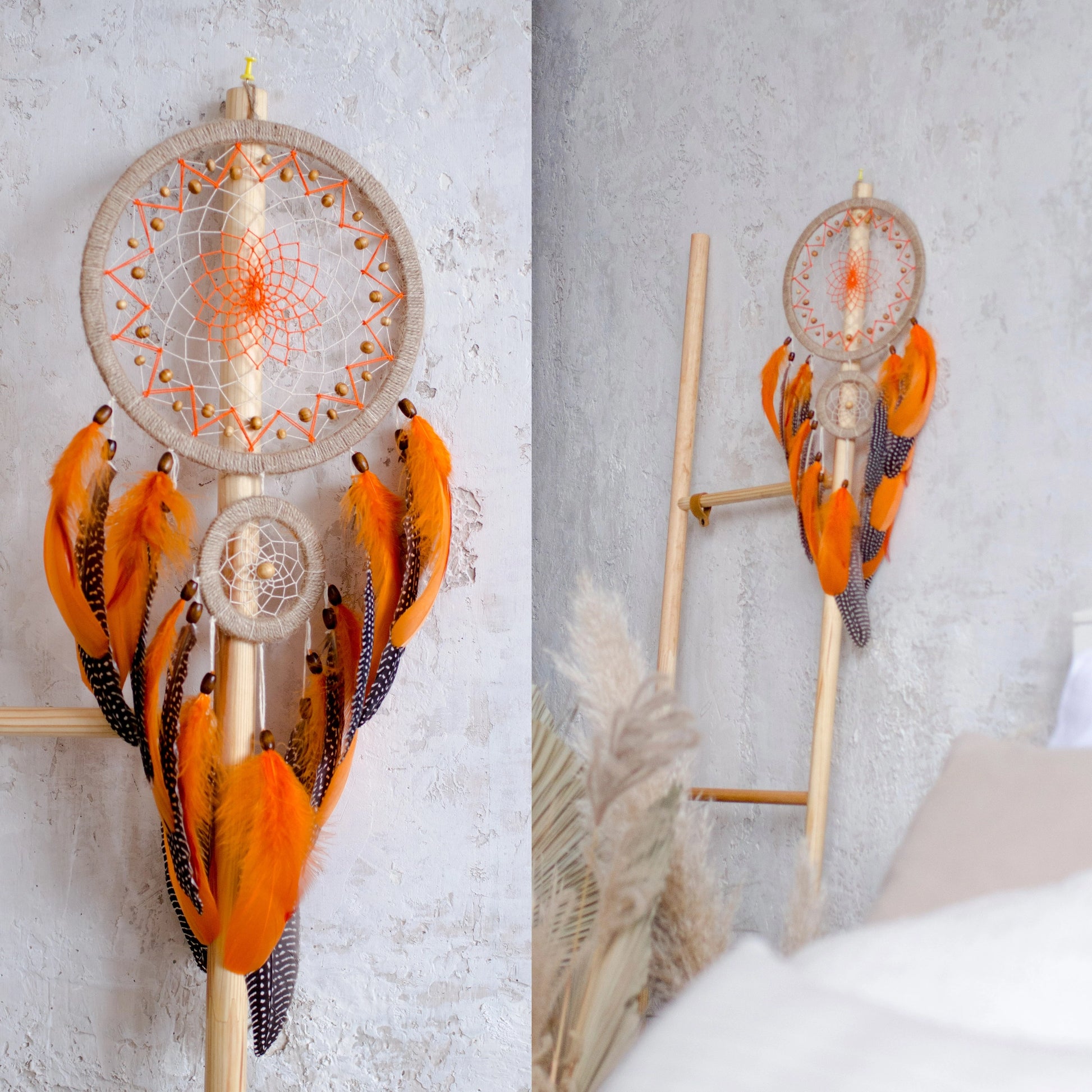 Handcrafted Beige and Orange Dreamcatcher with Natural Feathers