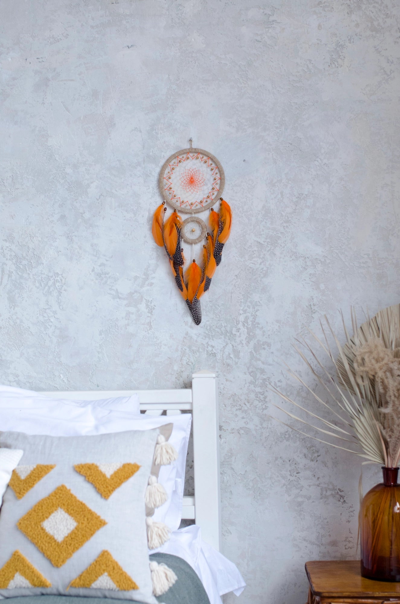 Handcrafted Beige and Orange Dreamcatcher with Natural Feathers