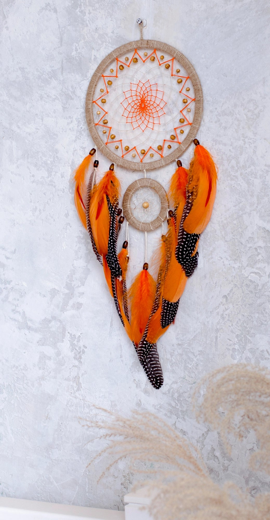 Handcrafted Beige and Orange Dreamcatcher with Natural Feathers