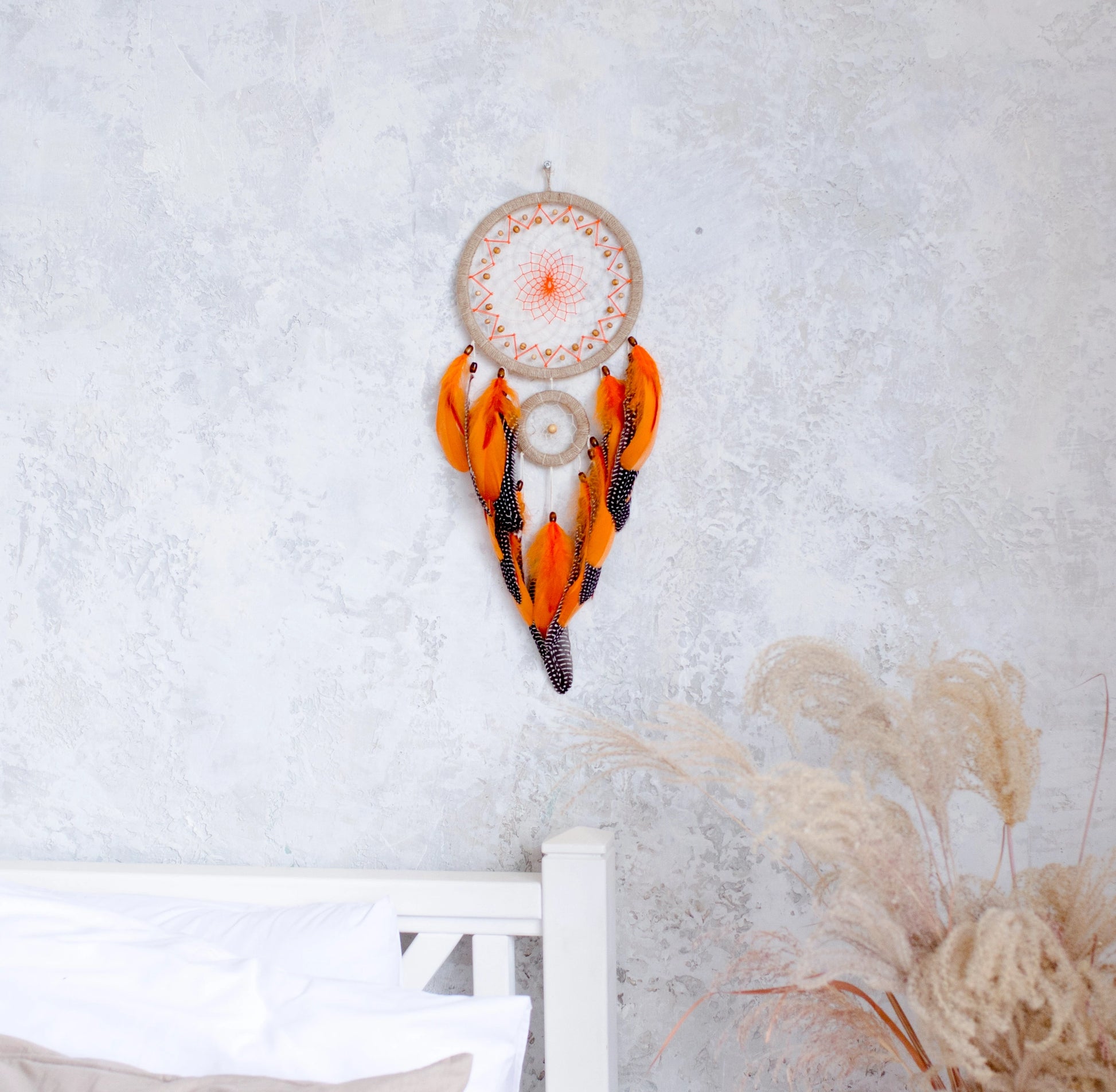 Handcrafted Beige and Orange Dreamcatcher with Natural Feathers