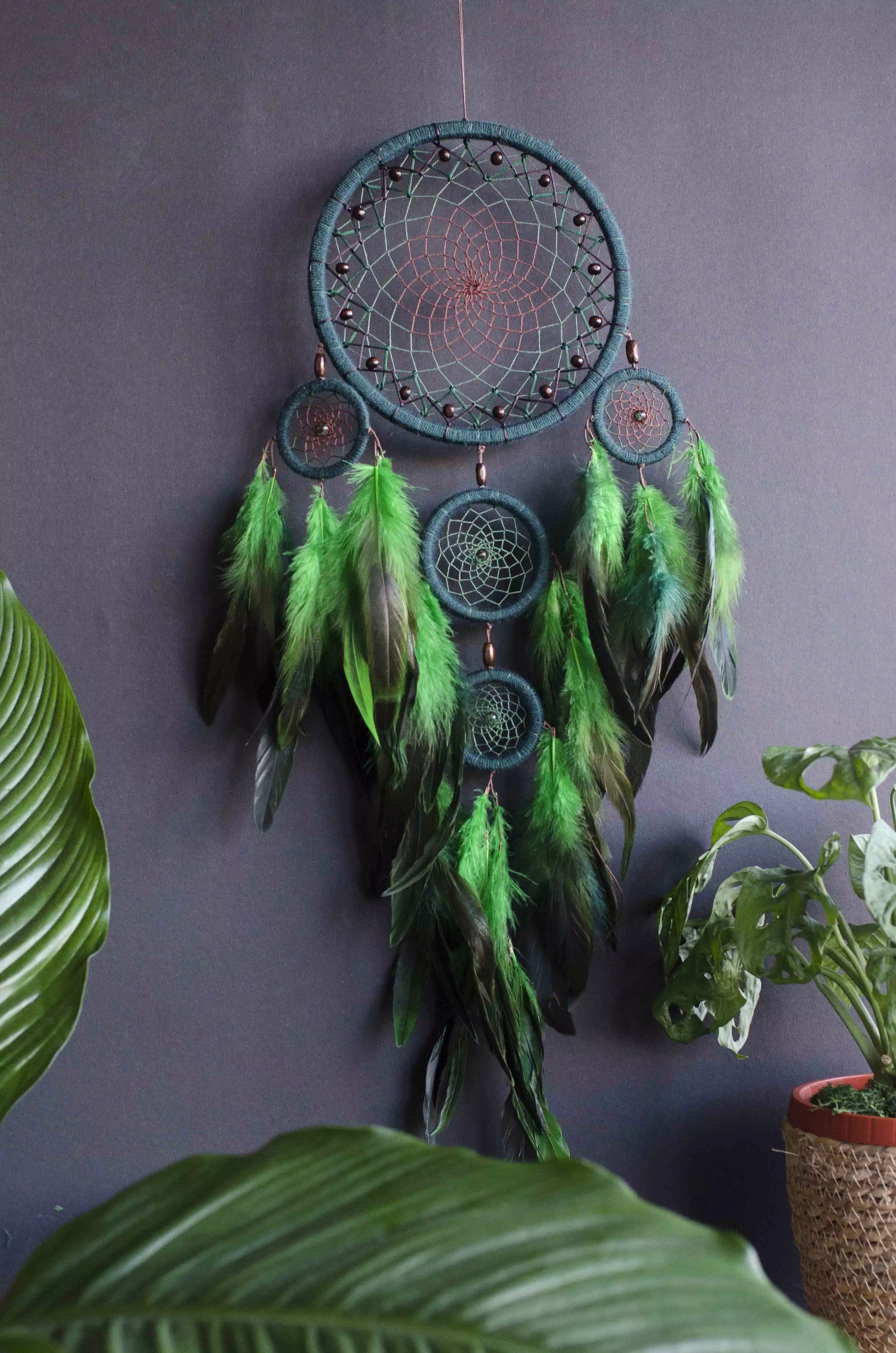 Handcrafted Green Dream Catcher, Multi-Ring Design with Feathers, Native American Inspired Wall Hanging, Unique Home Decor, Perfect Gift