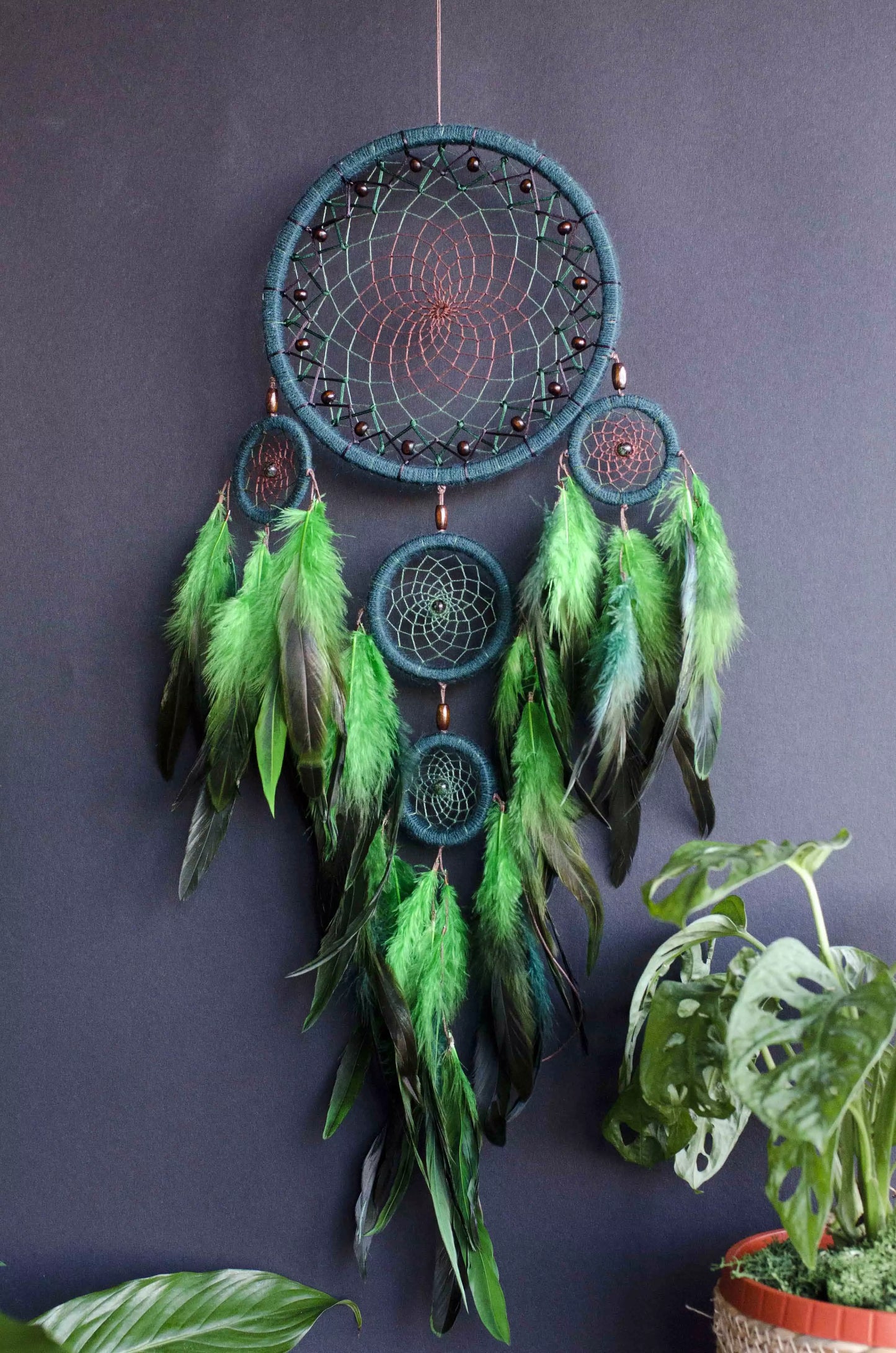 Handcrafted Green Dream Catcher, Multi-Ring Design with Feathers, Native American Inspired Wall Hanging, Unique Home Decor, Perfect Gift