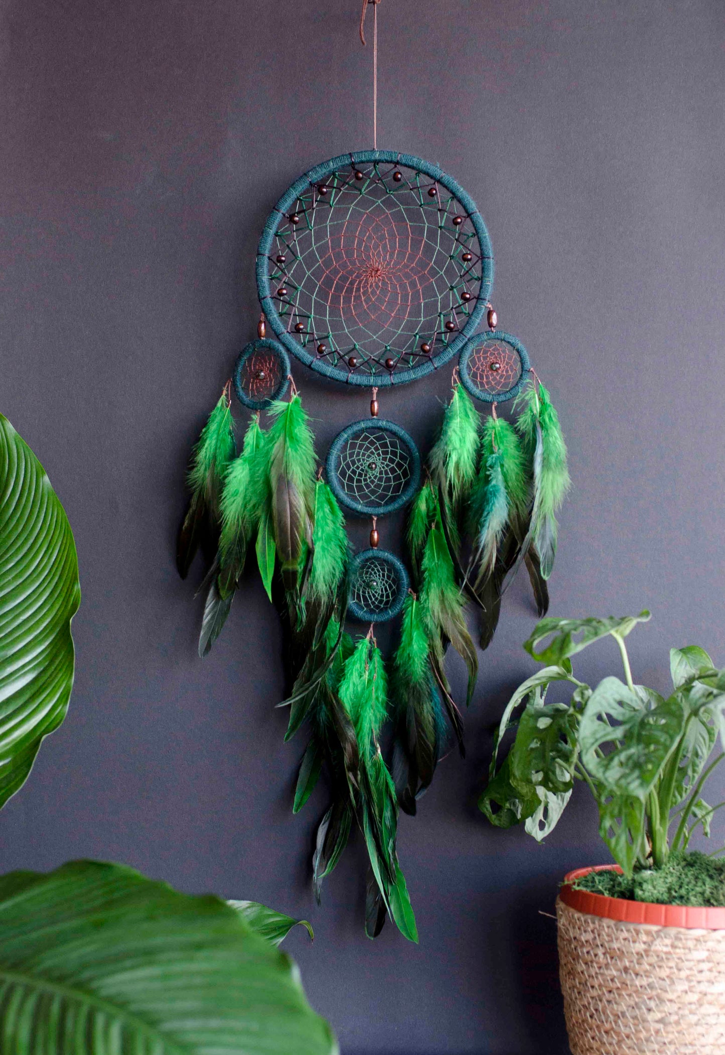 Handcrafted Green Dream Catcher, Multi-Ring Design with Feathers, Native American Inspired Wall Hanging, Unique Home Decor, Perfect Gift