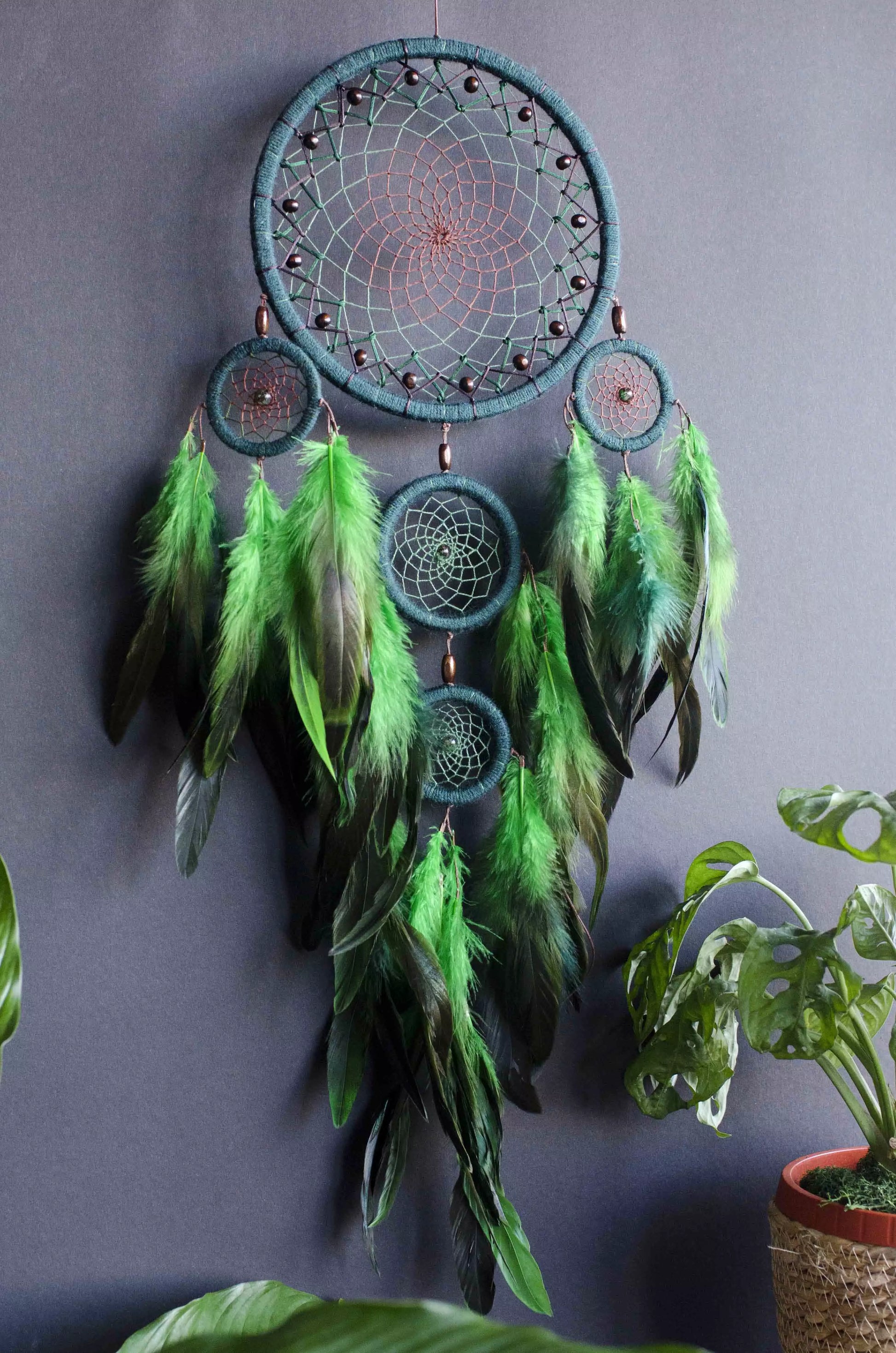 Handcrafted Green Dream Catcher, Multi-Ring Design with Feathers, Native American Inspired Wall Hanging, Unique Home Decor, Perfect Gift