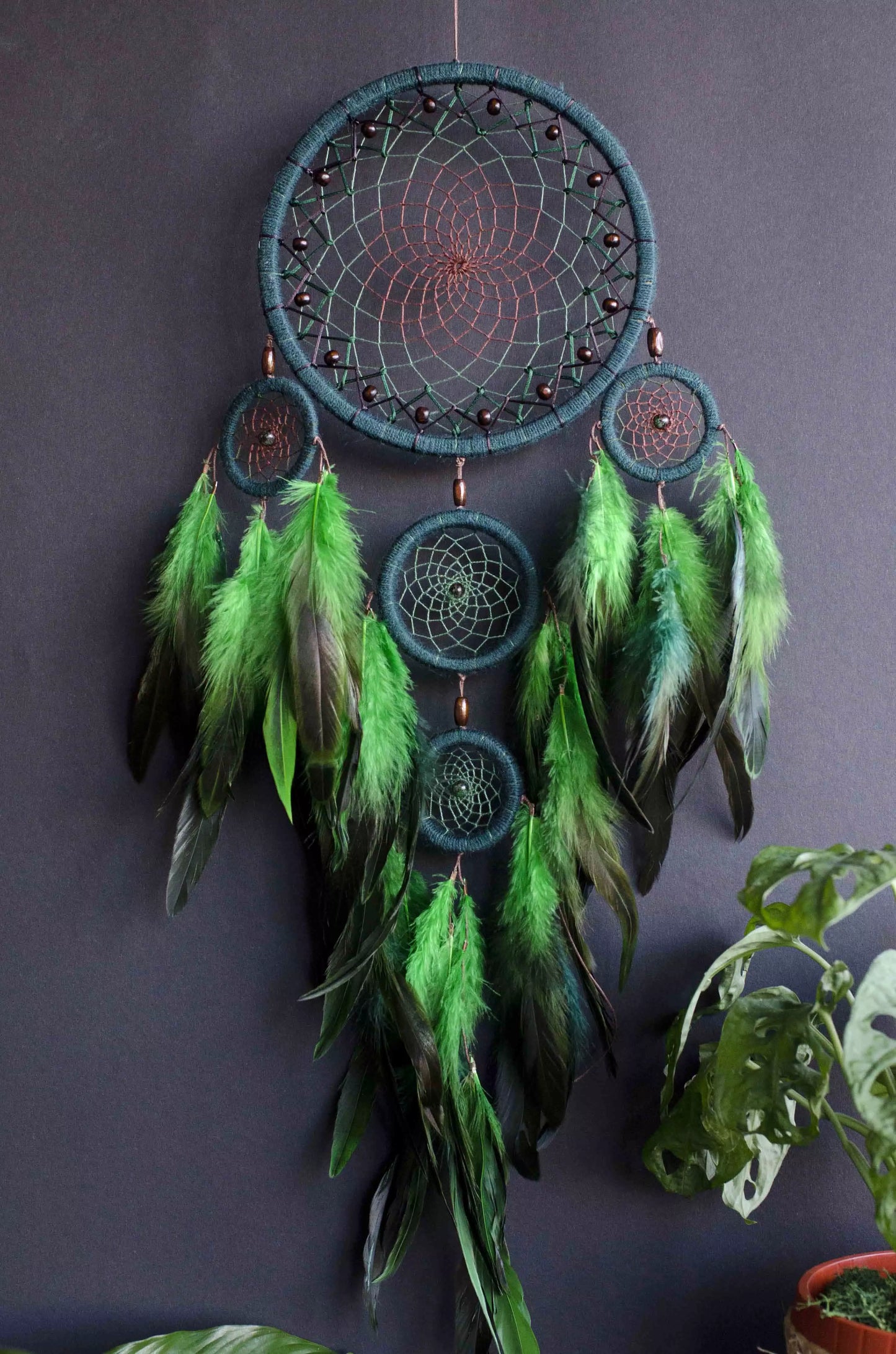 Handcrafted Green Dream Catcher, Multi-Ring Design with Feathers, Native American Inspired Wall Hanging, Unique Home Decor, Perfect Gift