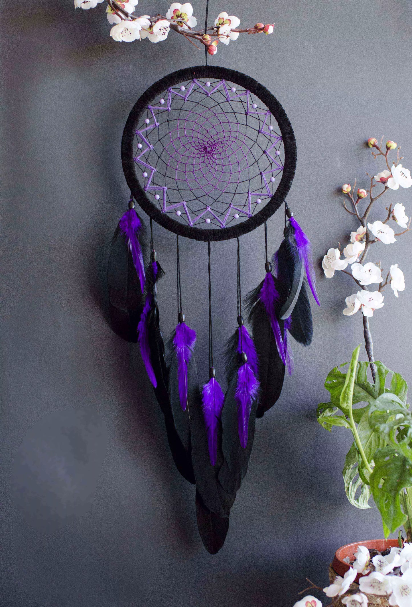 Handmade Black and Purple Dream Catcher | Large Dreamcatcher for Bedroom, Living Room, Wall Decor