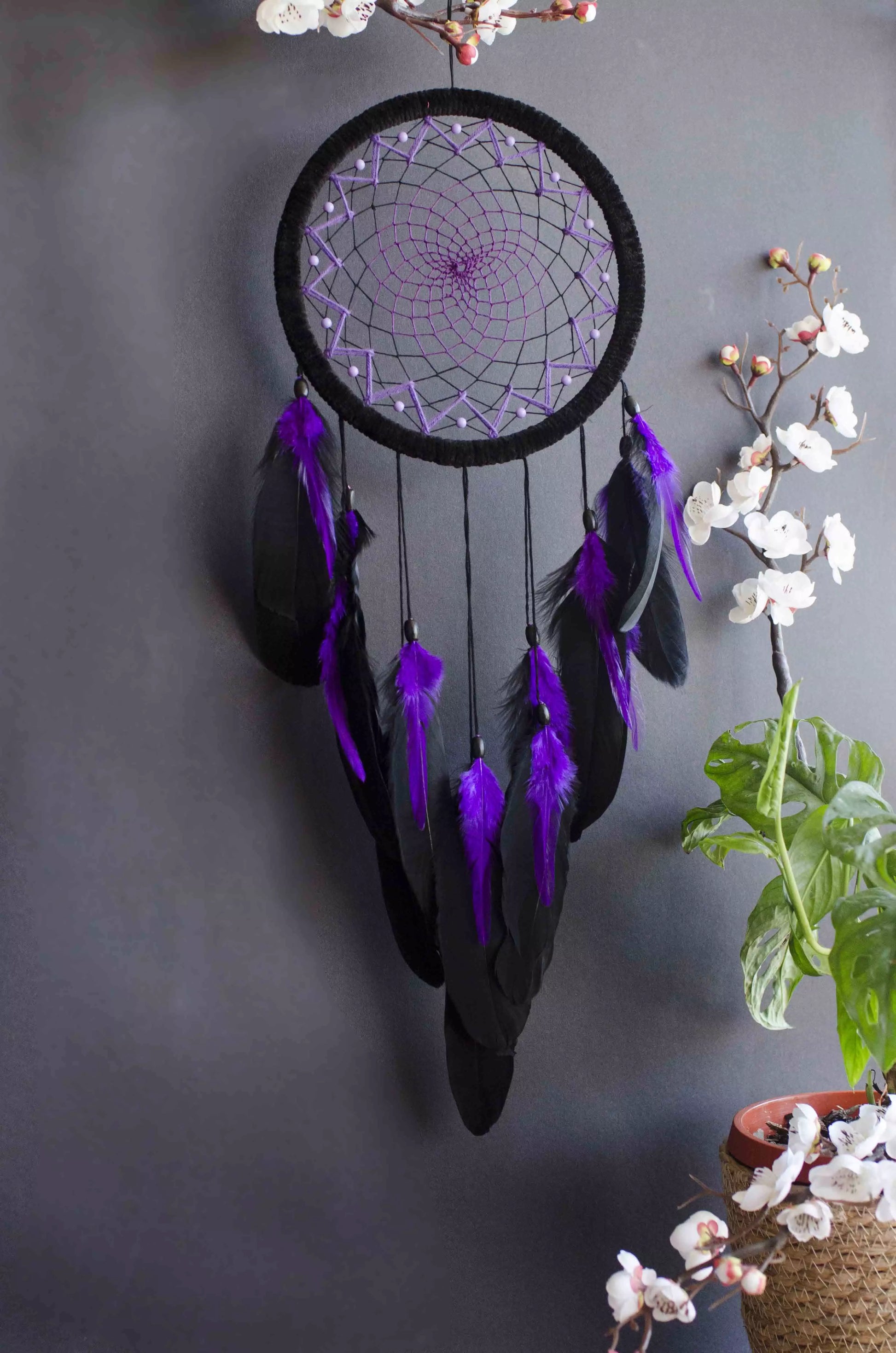 Handmade Black and Purple Dream Catcher | Large Dreamcatcher for Bedroom, Living Room, Wall Decor