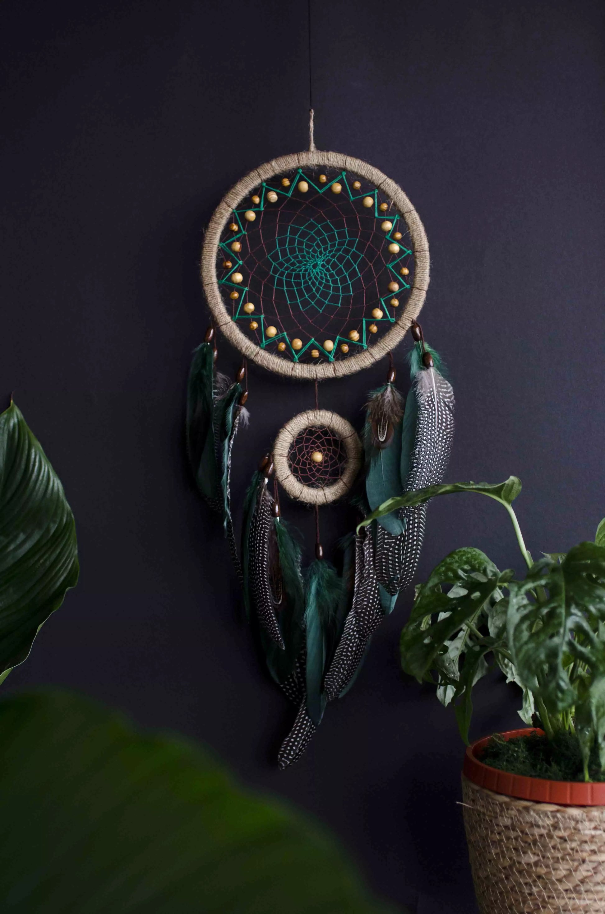 Handcrafted Emerald Green Dream Catcher with Natural Feathers