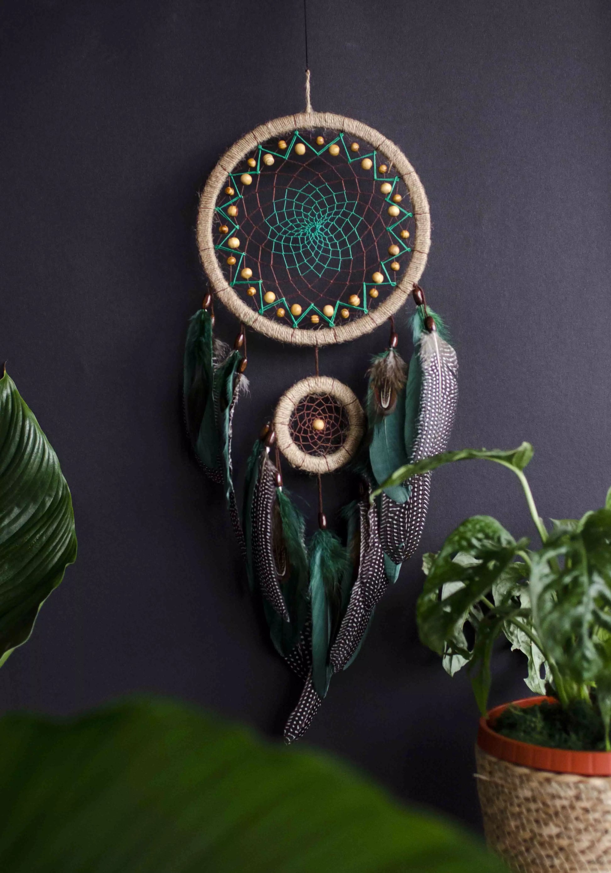 Handcrafted Emerald Green Dream Catcher with Natural Feathers