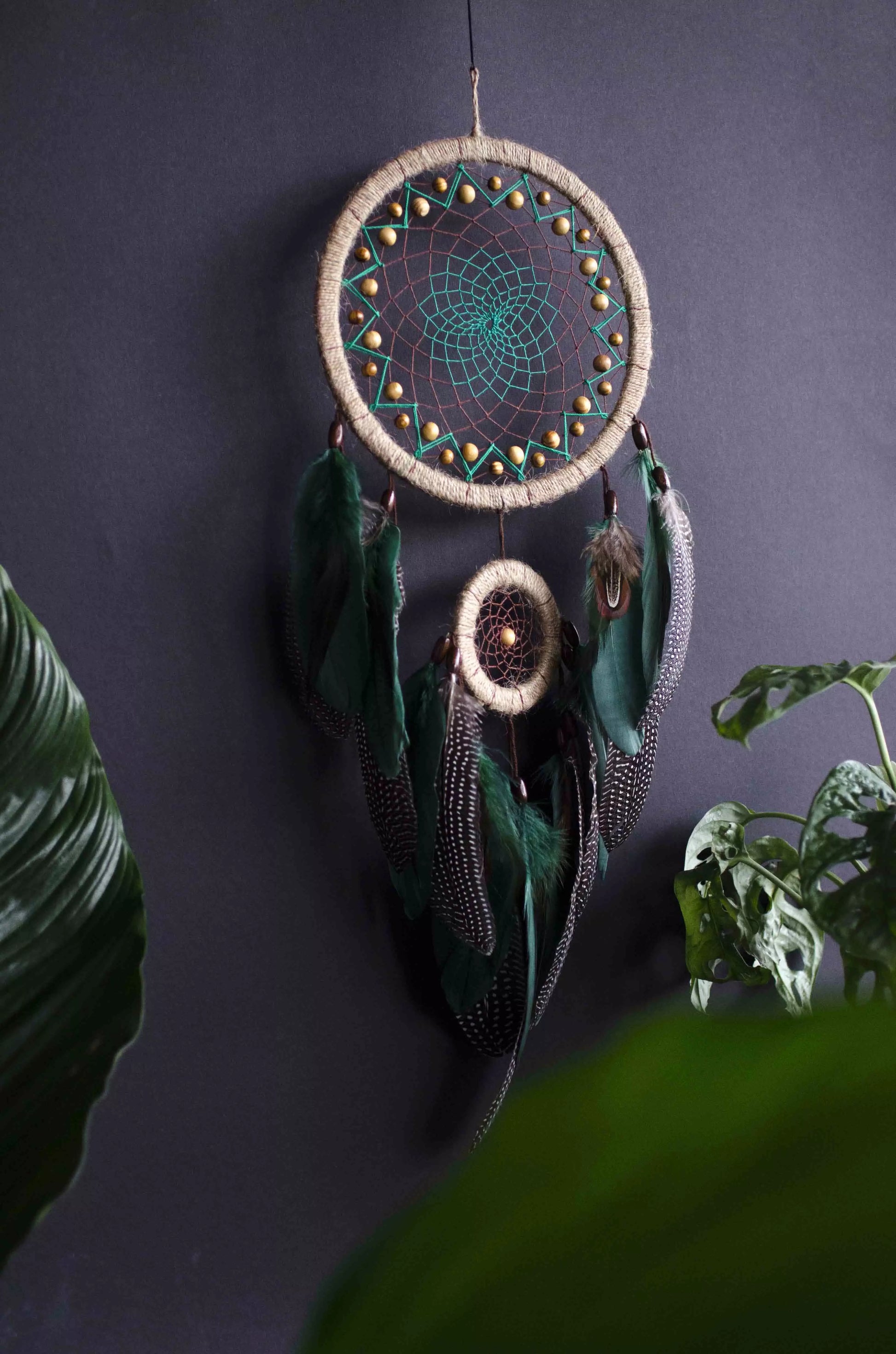 Handcrafted Emerald Green Dream Catcher with Natural Feathers