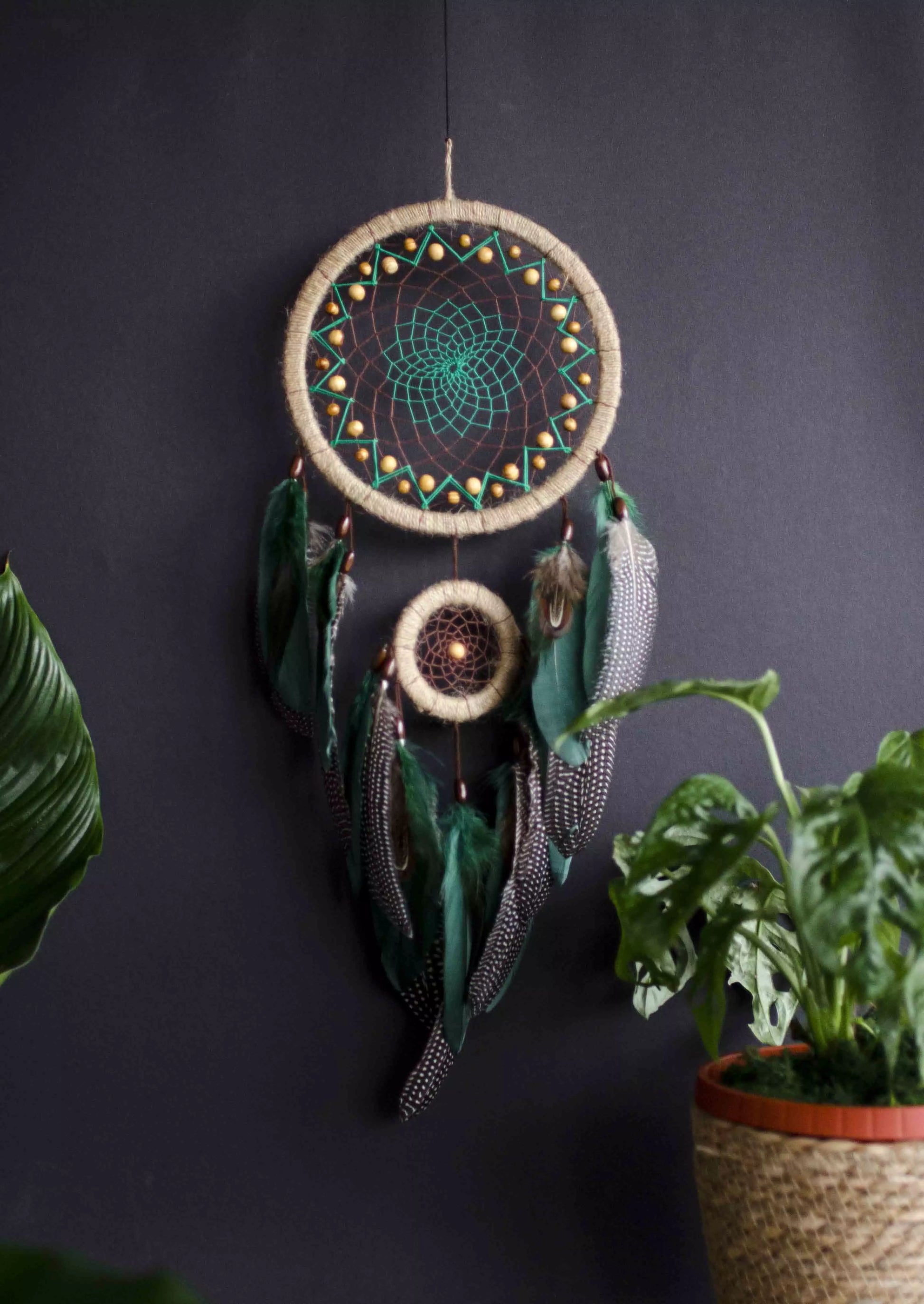 Handcrafted Emerald Green Dream Catcher with Natural Feathers