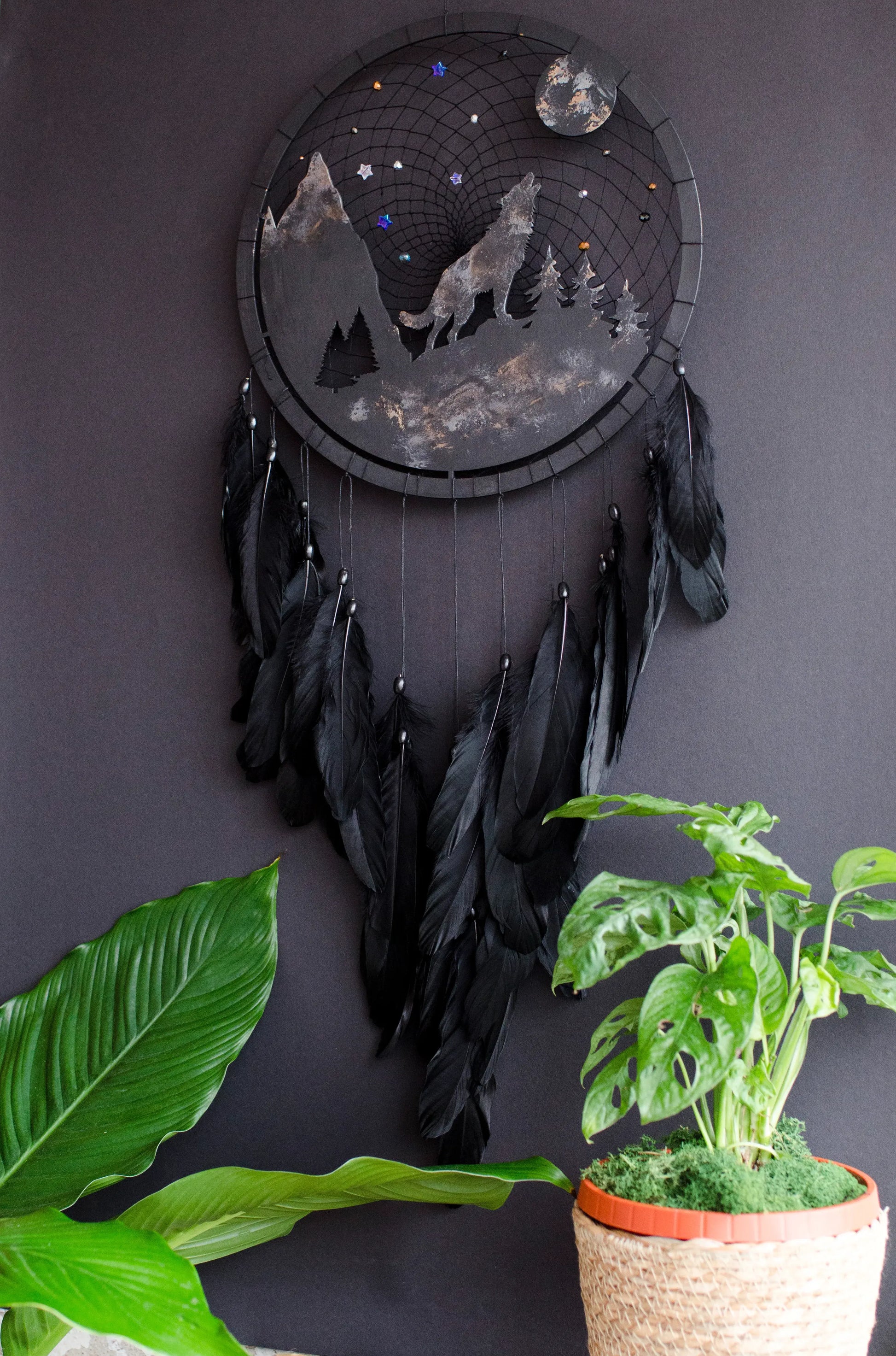 Handmade Wolf Silhouette Dreamcatcher