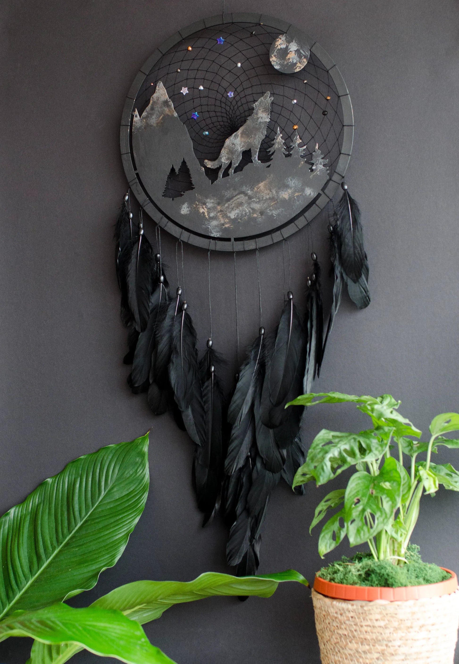 Handmade Wolf Silhouette Dreamcatcher