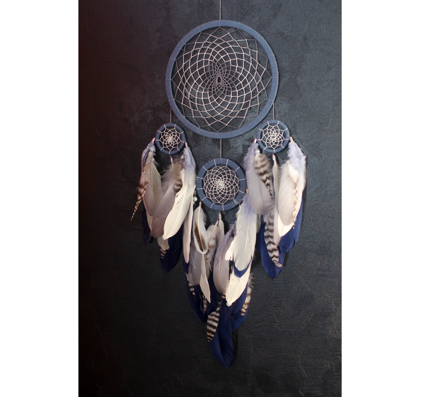 Handmade Large Traditional Dreamcatcher Wall Hanging with Beige, Gray and Navy Feathers