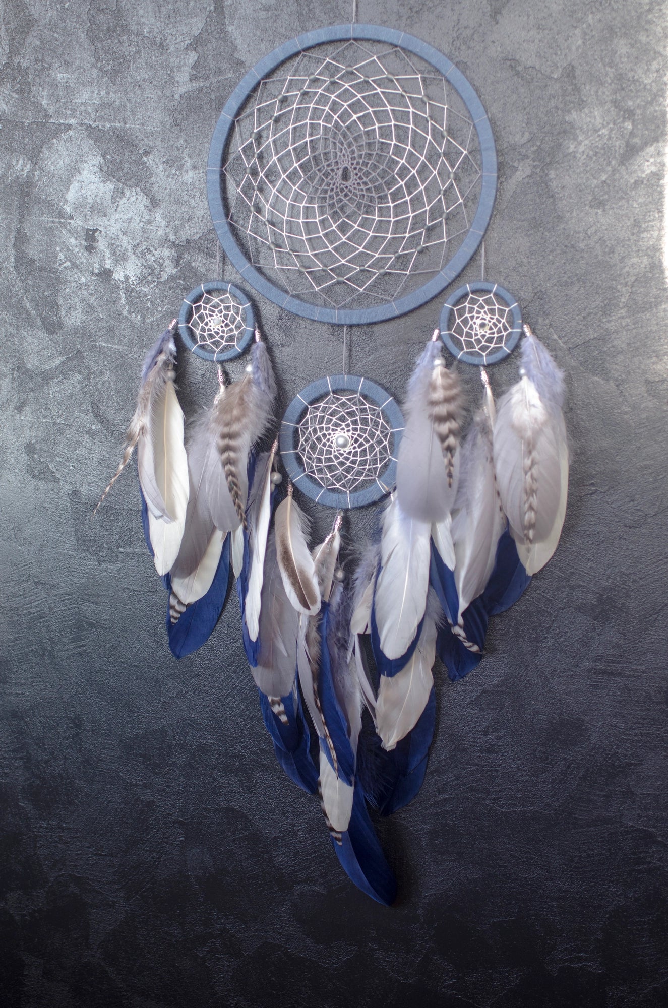 Handmade Large Traditional Dreamcatcher Wall Hanging with Beige, Gray and Navy Feathers