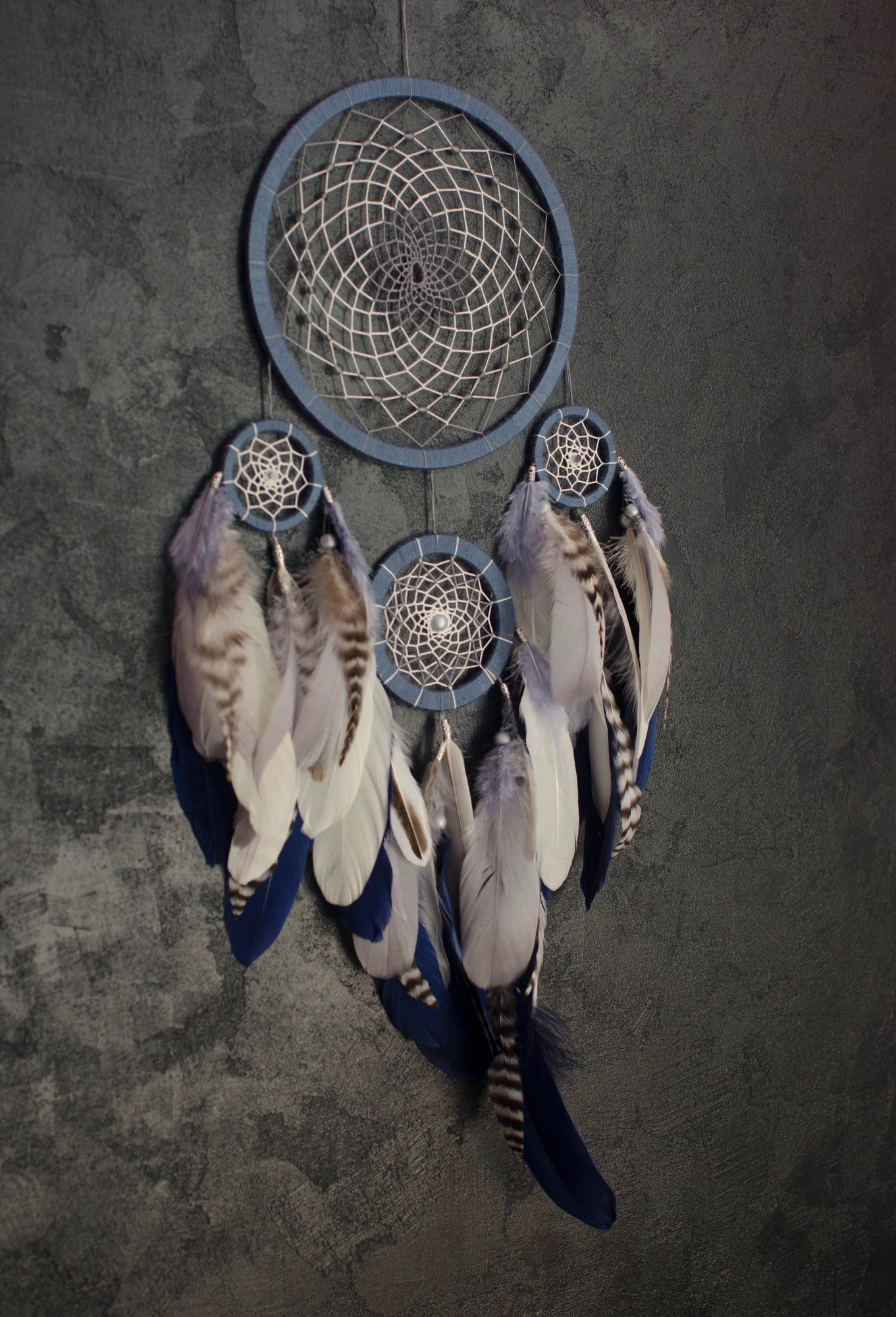 Handmade Large Traditional Dreamcatcher Wall Hanging with Beige, Gray and Navy Feathers