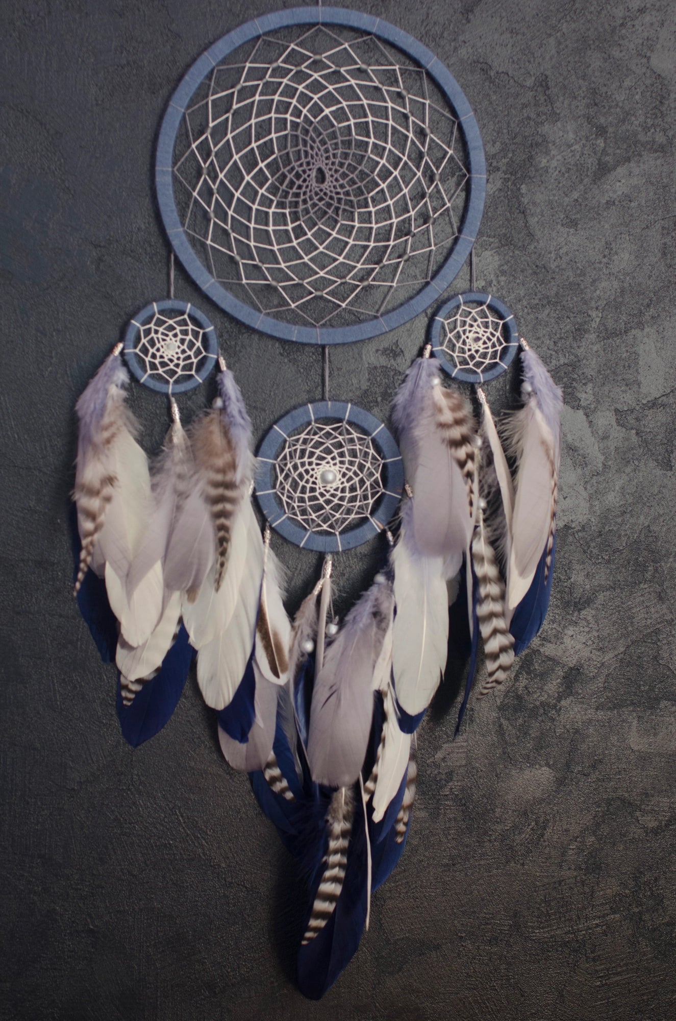 Handmade Large Traditional Dreamcatcher Wall Hanging with Beige, Gray and Navy Feathers