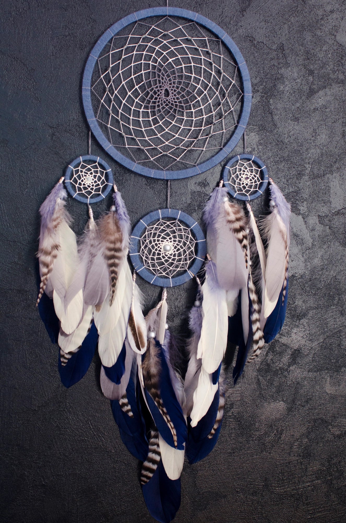 Handmade Large Traditional Dreamcatcher Wall Hanging with Beige, Gray and Navy Feathers