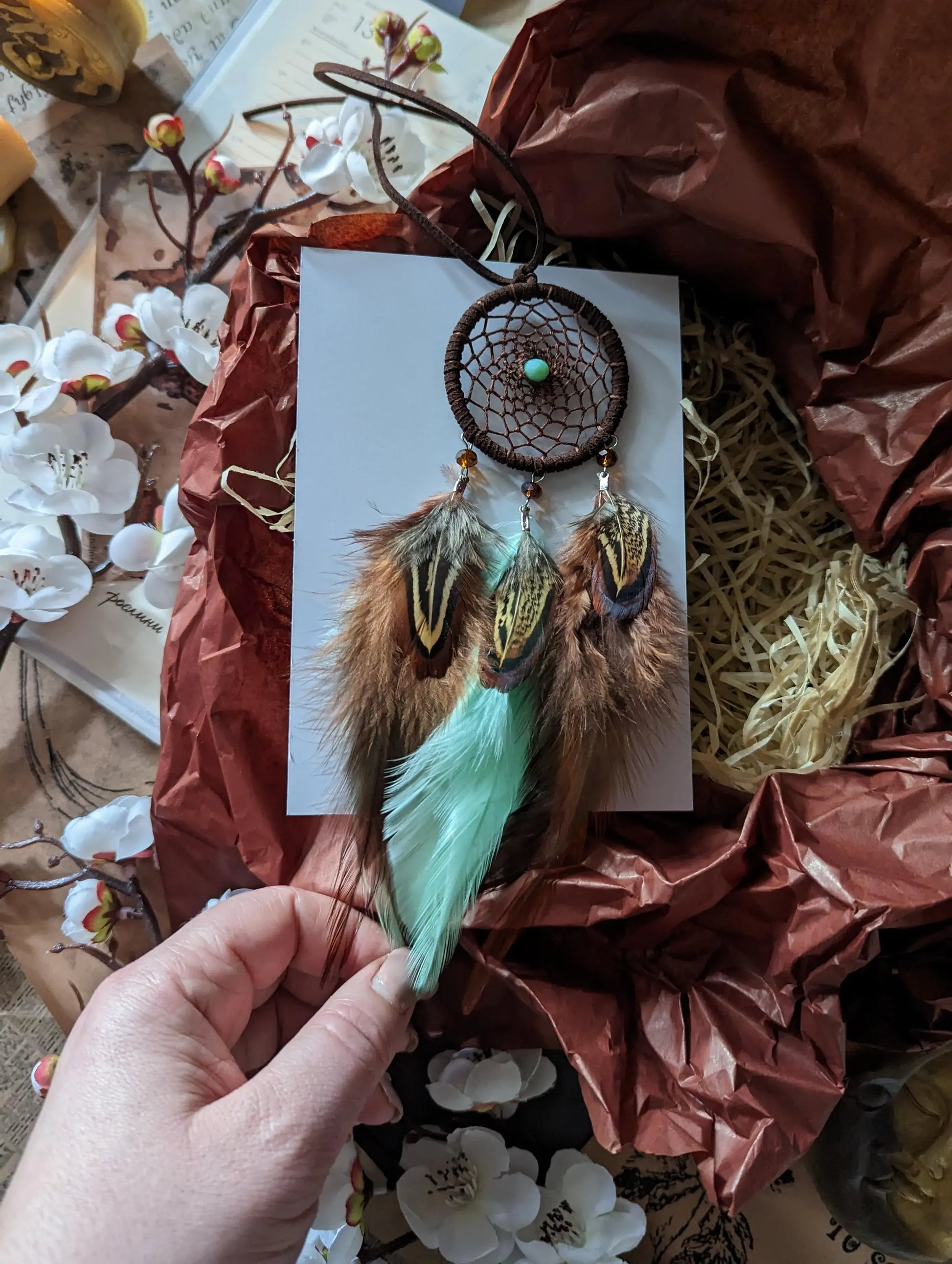 Handmade Mint Brown Dreamcatcher for Car, rearview mirror charm