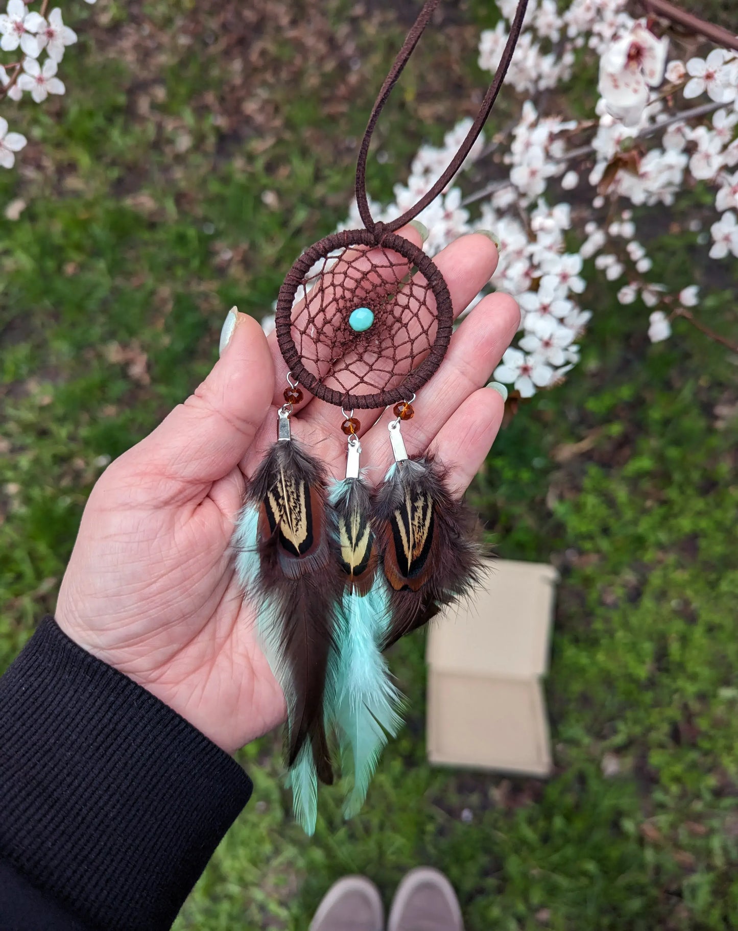 Handmade Mint Brown Dreamcatcher for Car, rearview mirror charm