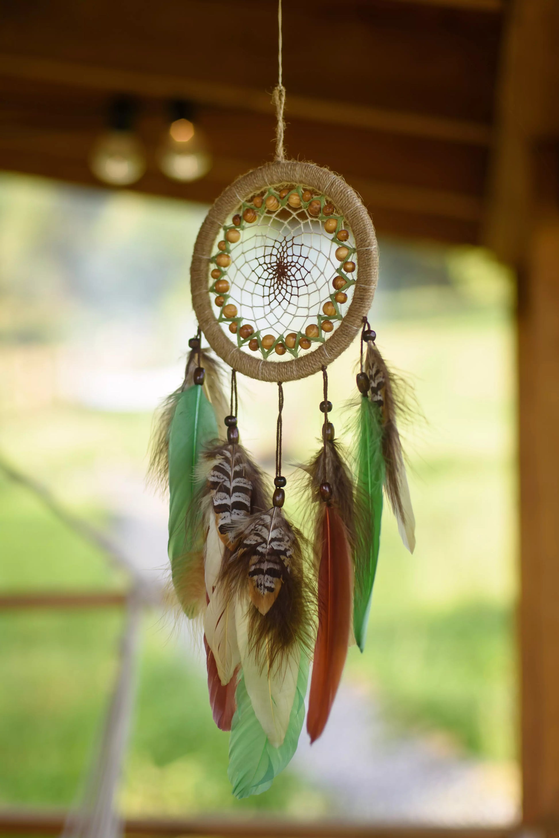 Handmade Natural Beige and Green Dreamcatcher with Accent Feathers