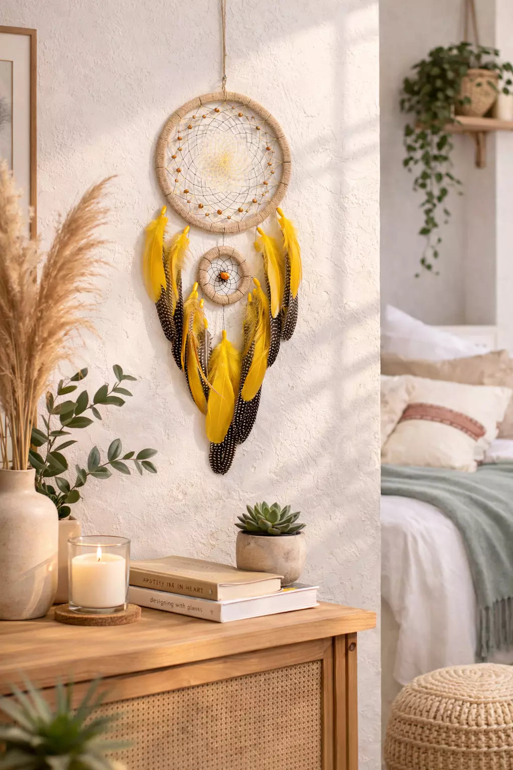 Handcrafted Boho Dream Catcher Wall Hanging with Natural Feathers