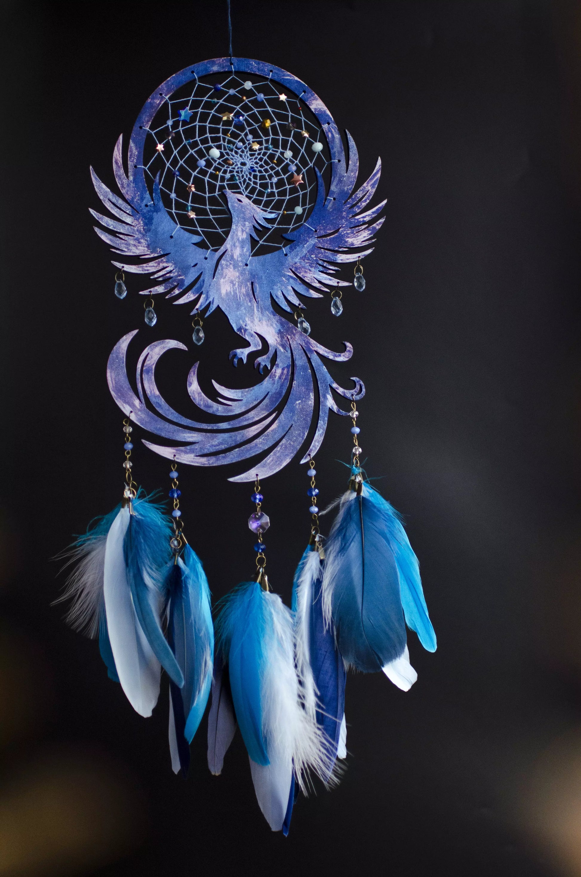 Phoenix Dreamcatcher – Handcrafted Symbol of Rebirth and Strength | Boho Wall Hanging with Blue and Orange Feathers