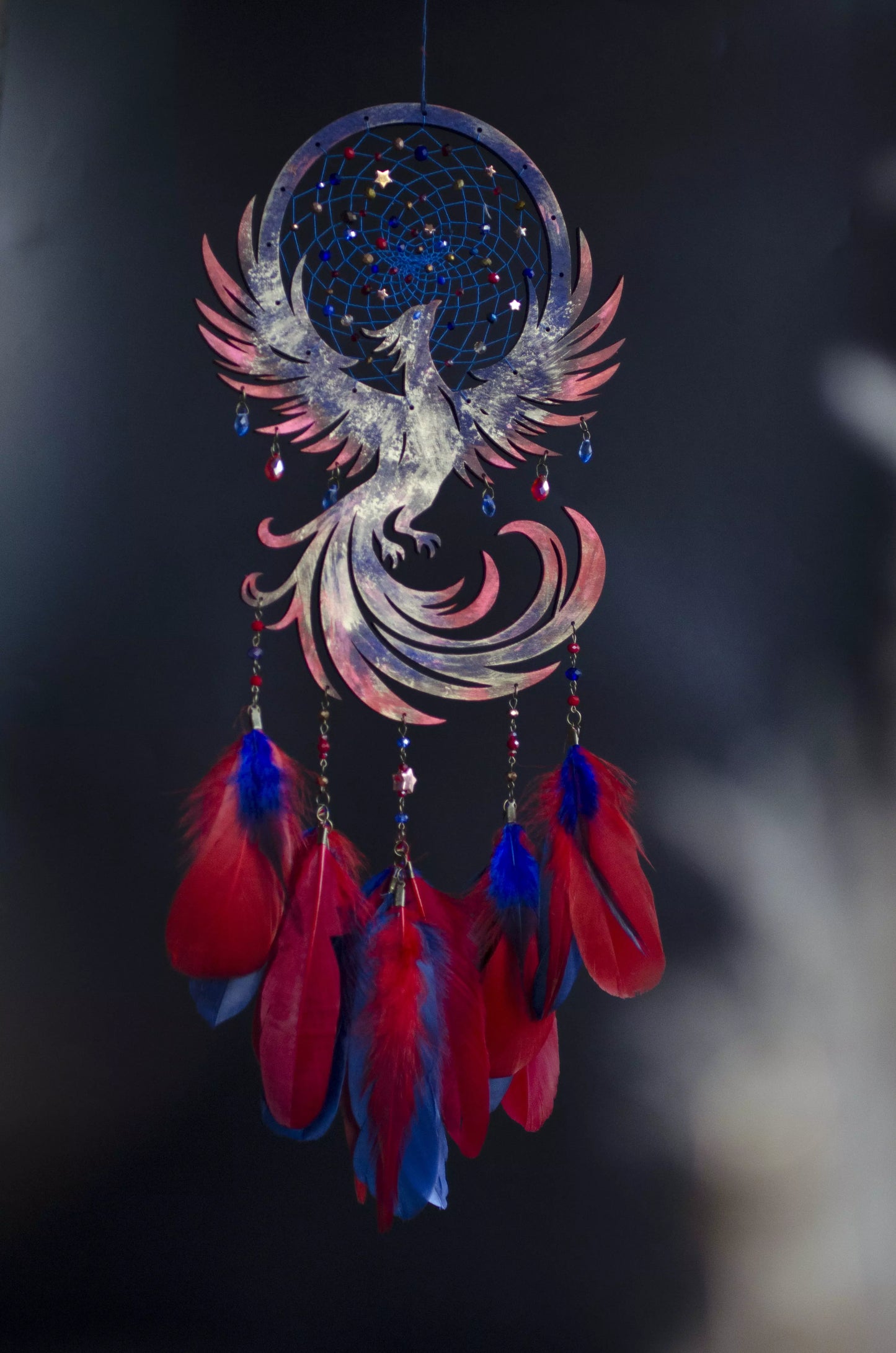 Phoenix Dreamcatcher – Handcrafted Symbol of Rebirth and Strength | Boho Wall Hanging with Blue and Orange Feathers