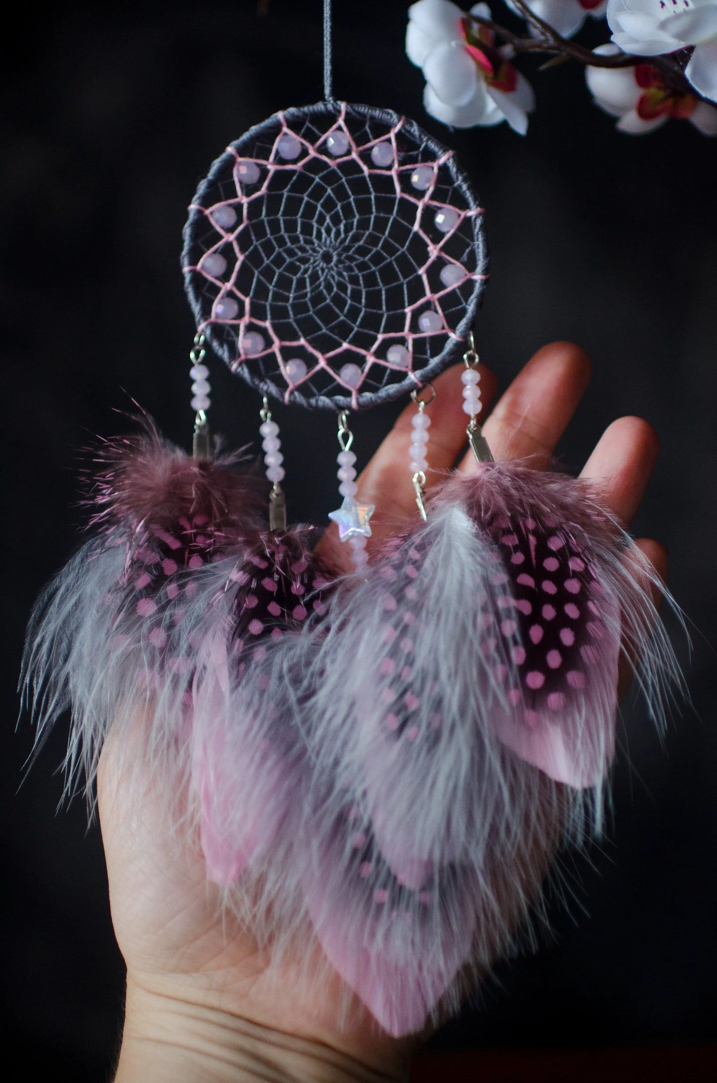 Handmade Small Gray and Pink Girly Dreamcatcher with Star Charm | Car Rearview Mirror Dream Catcher