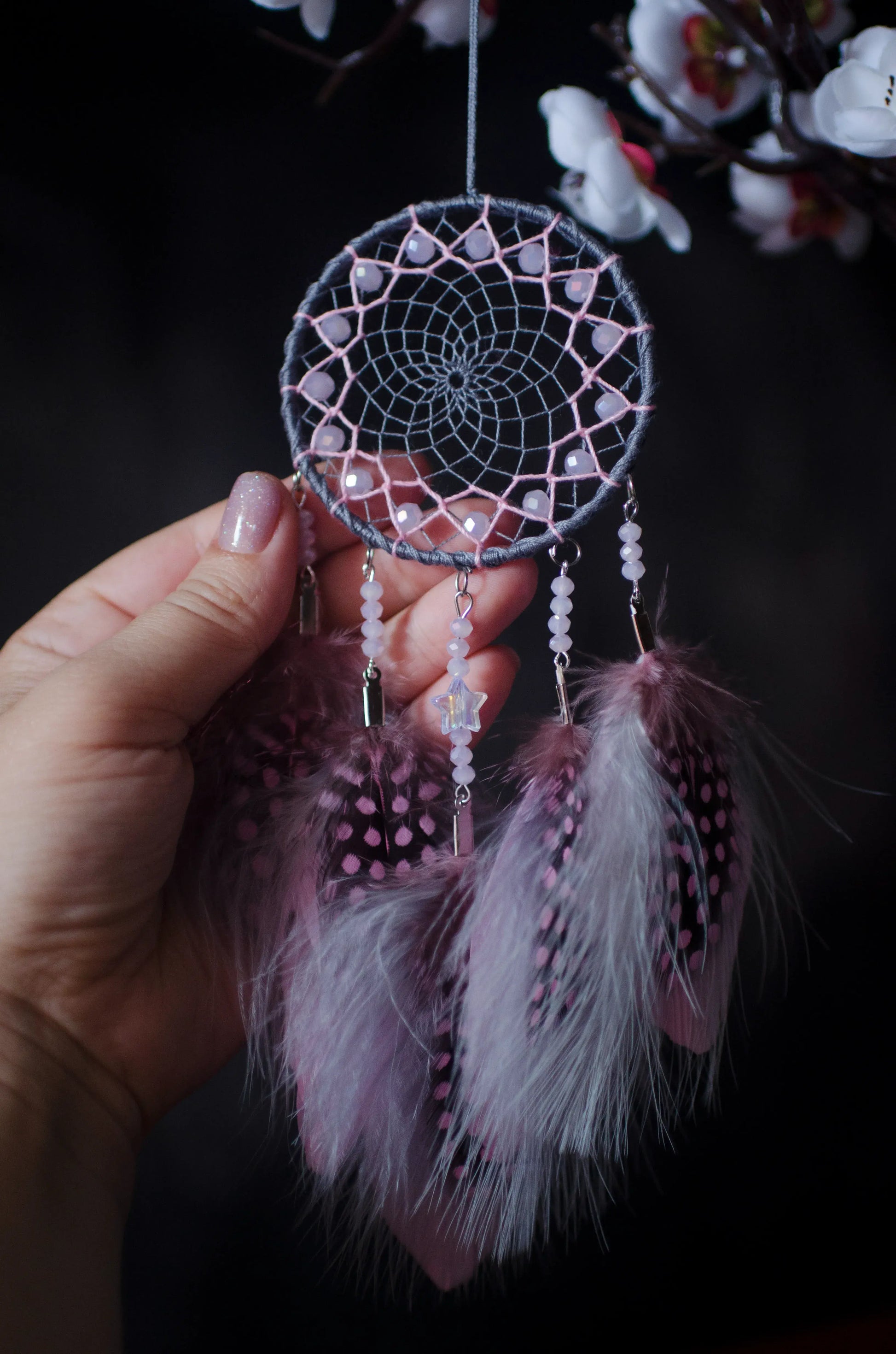 Handmade Small Gray and Pink Girly Dreamcatcher with Star Charm | Car Rearview Mirror Dream Catcher