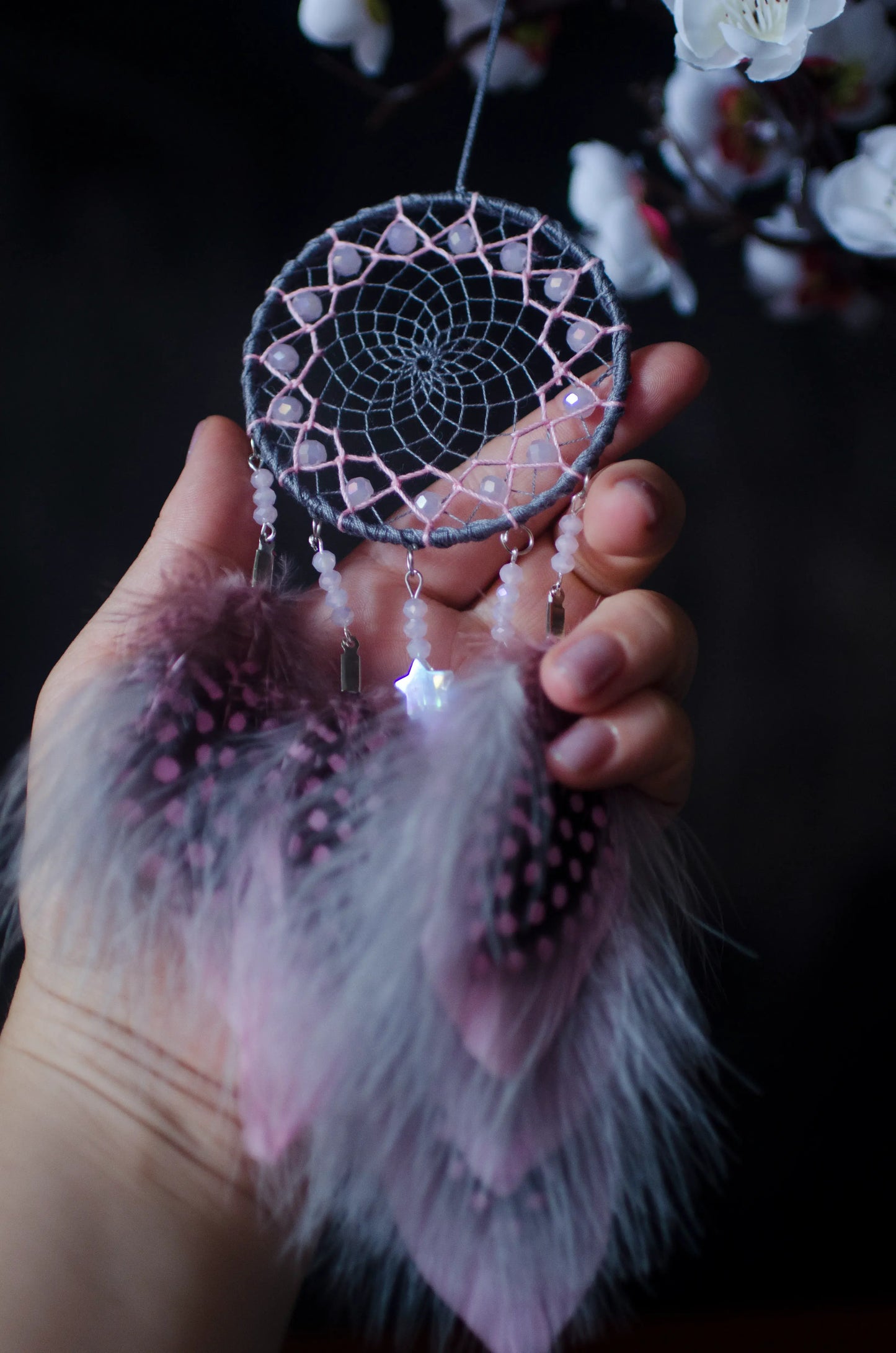 Handmade Small Gray and Pink Girly Dreamcatcher with Star Charm | Car Rearview Mirror Dream Catcher