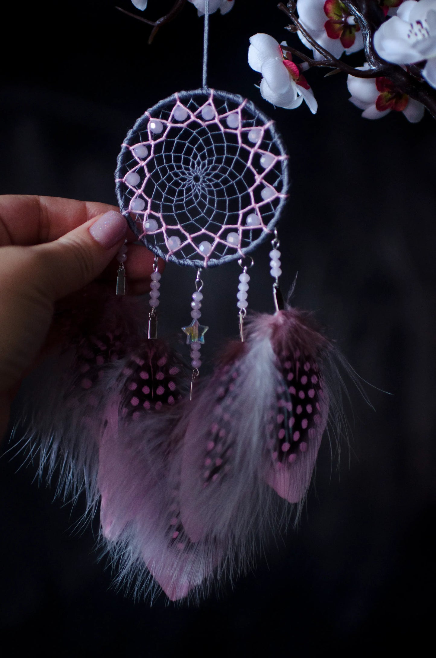 Handmade Small Gray and Pink Girly Dreamcatcher with Star Charm | Car Rearview Mirror Dream Catcher