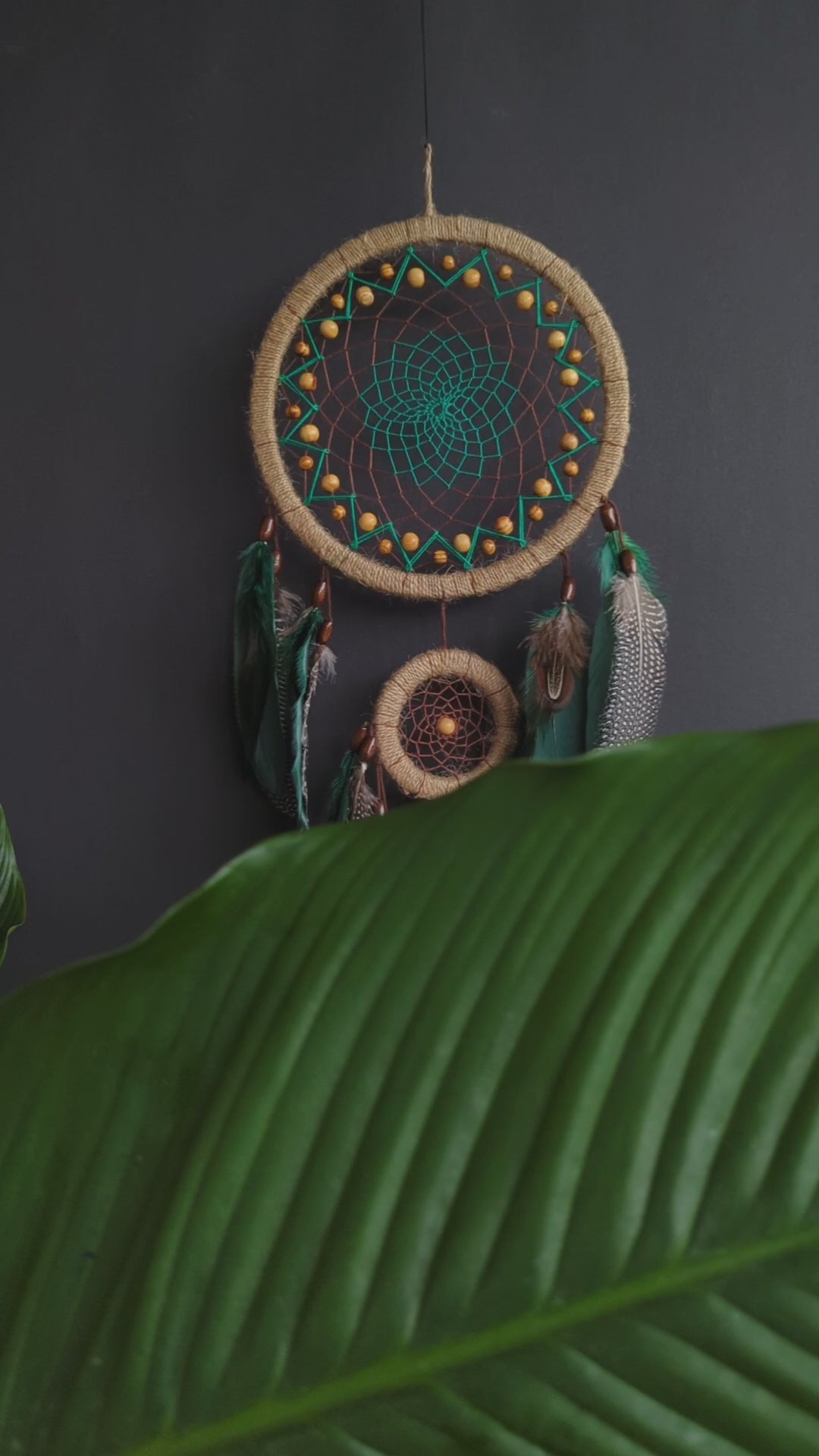 Handcrafted Emerald Green Dream Catcher with Natural Feathers