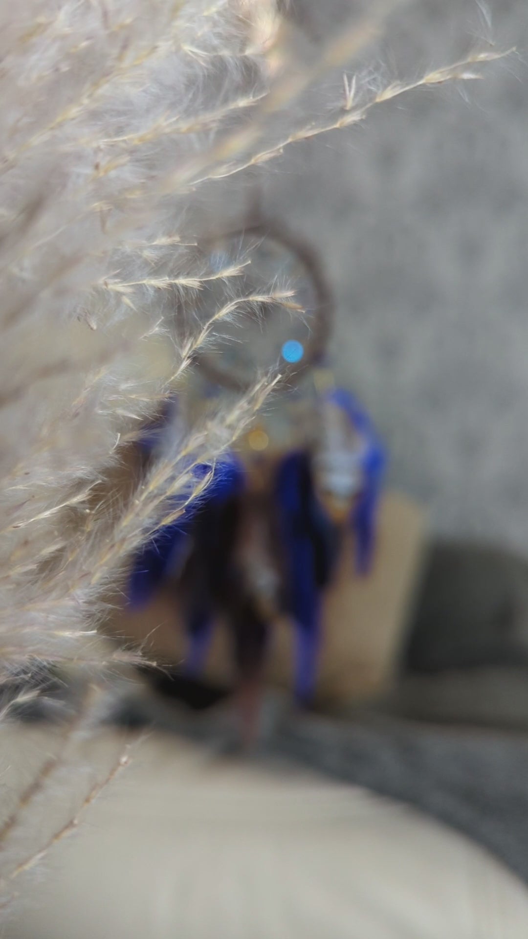 Small dreamcatcher with brown and blue feathers - car rearview mirror size