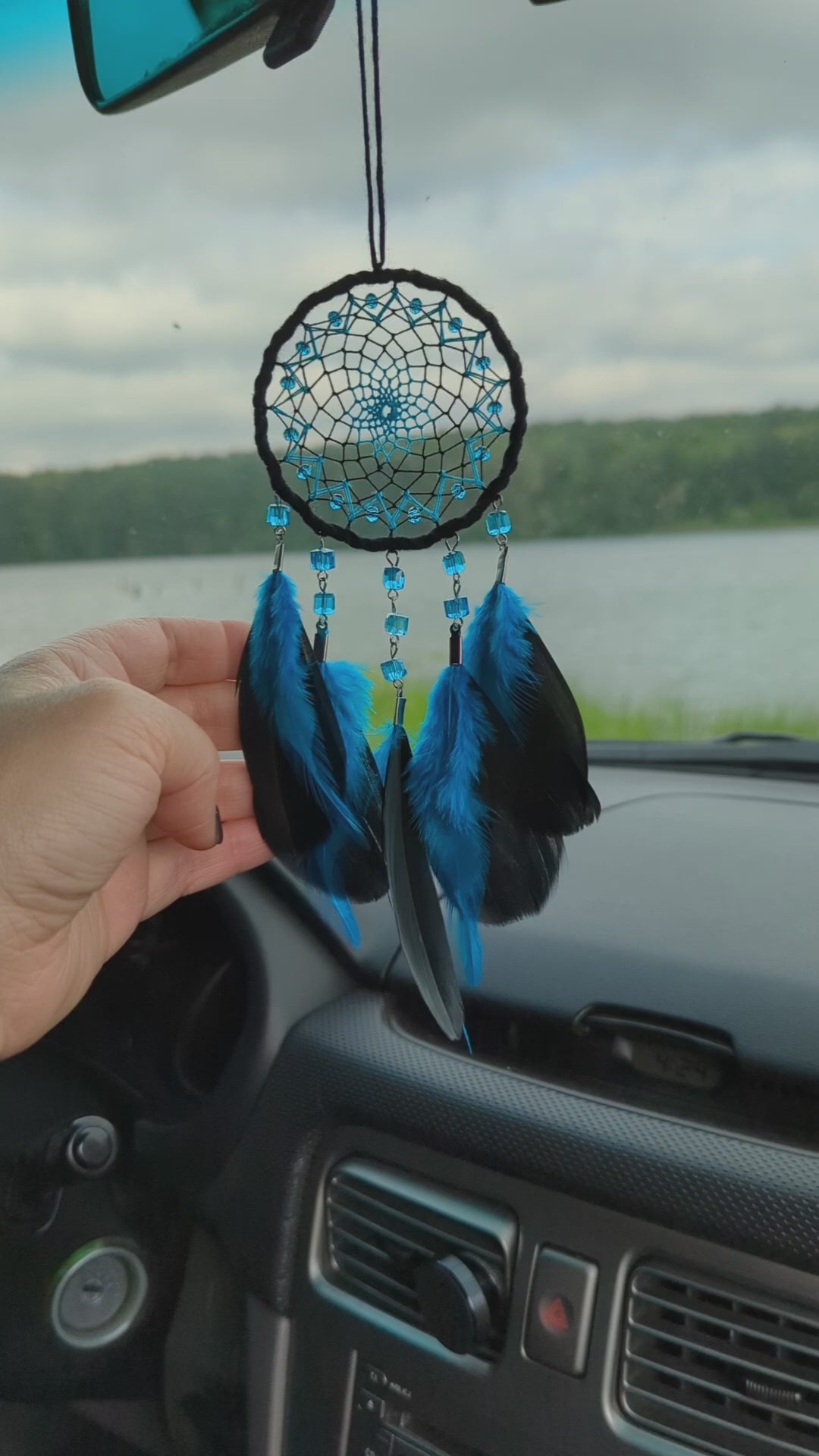 Handmade Lake Blue with Black Small Dream Catcher | Car Rearview Mirror Hanging Dreamcatcher Charm