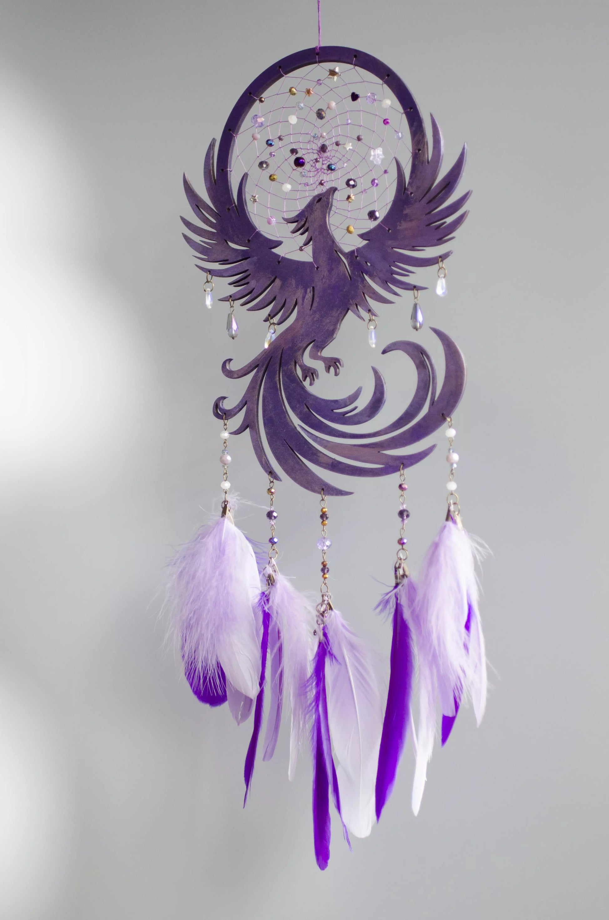 Phoenix Dreamcatcher – Handcrafted Symbol of Rebirth and Strength | Boho Wall Hanging with Blue and Orange Feathers