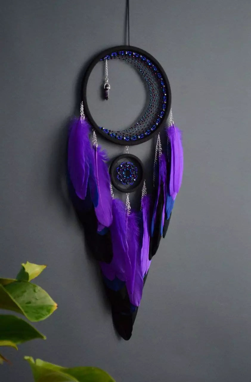 Purple Crescent Moon Dream Catcher with Amethyst Crystal